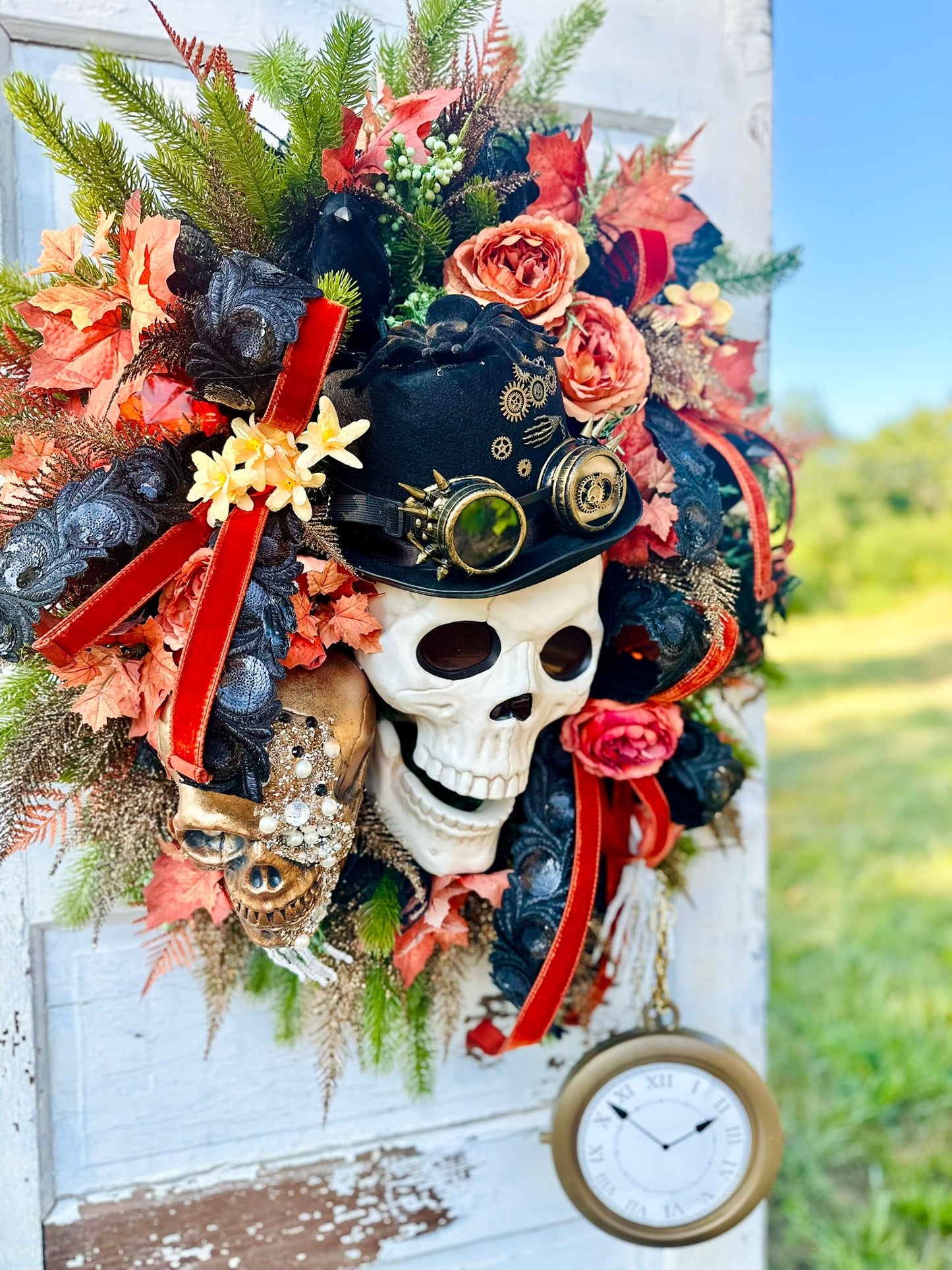 XL Steampunk Halloween Wreath with Skulls, Crows, Clock & Velvet Ribbon – Gothic Fall Door Decor TCT Crafts