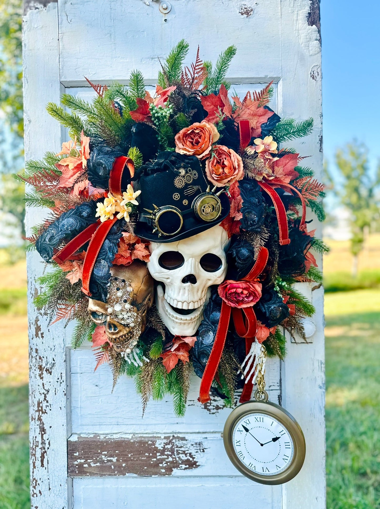XL Steampunk Halloween Wreath with Skulls, Crows, Clock & Velvet Ribbon – Gothic Fall Door Decor TCT Crafts
