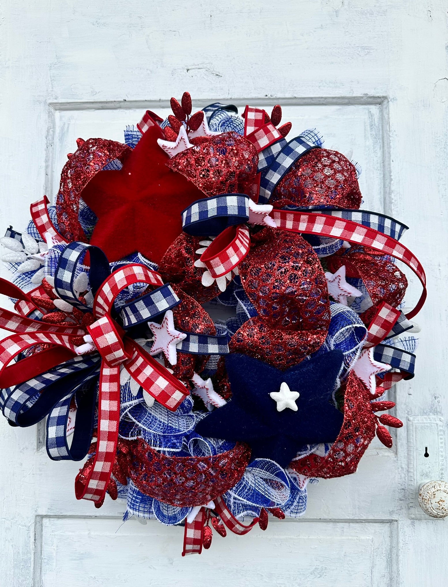 Patriotic Red, White & Blue Wreath – Glittery Mesh Door Decor, Independence Day, Memorial, Veterans Day Accents by TCT Crafts TCT Crafts
