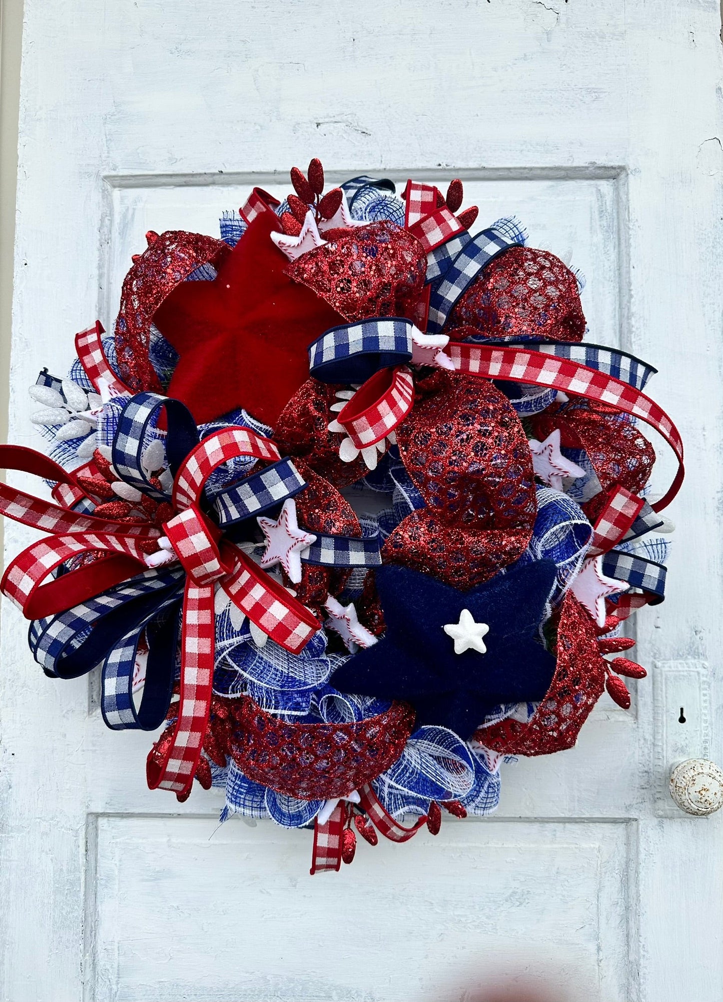Patriotic Red, White & Blue Wreath – Glittery Mesh Door Decor, Independence Day, Memorial, Veterans Day Accents by TCT Crafts