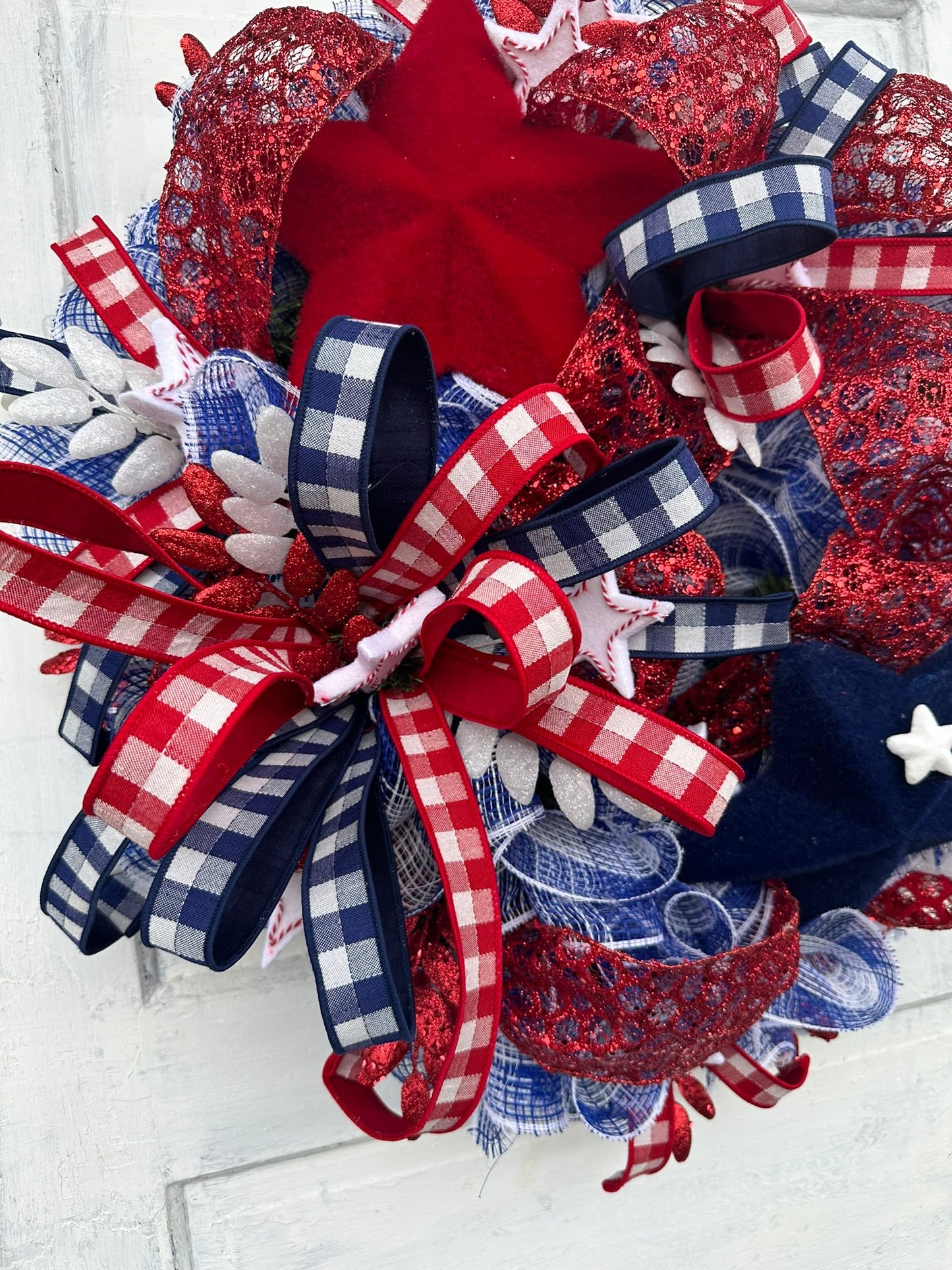 Patriotic Red, White & Blue Wreath – Glittery Mesh Door Decor, Independence Day, Memorial, Veterans Day Accents by TCT Crafts