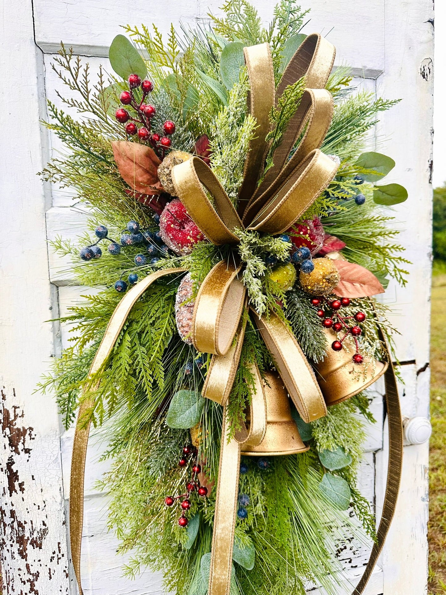 Williamsburg Christmas Swag with Gold Bells & Glittered Fruit – Elegant Holiday Door Decoration 40x24 TCT Crafts