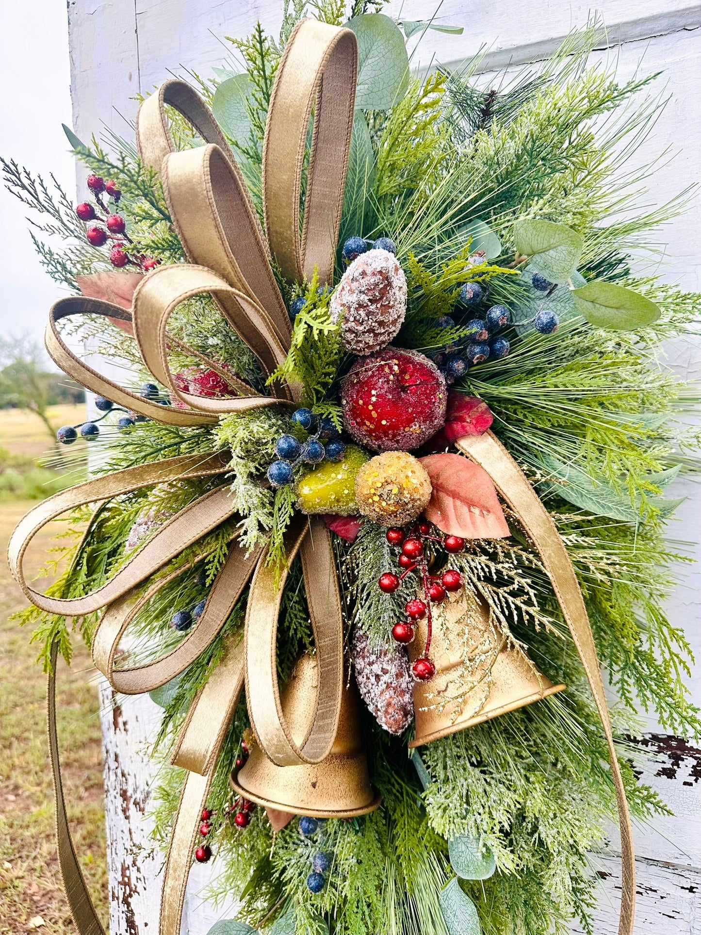 Williamsburg Christmas Swag with Gold Bells & Glittered Fruit – Elegant Holiday Door Decoration 40x24 TCT Crafts