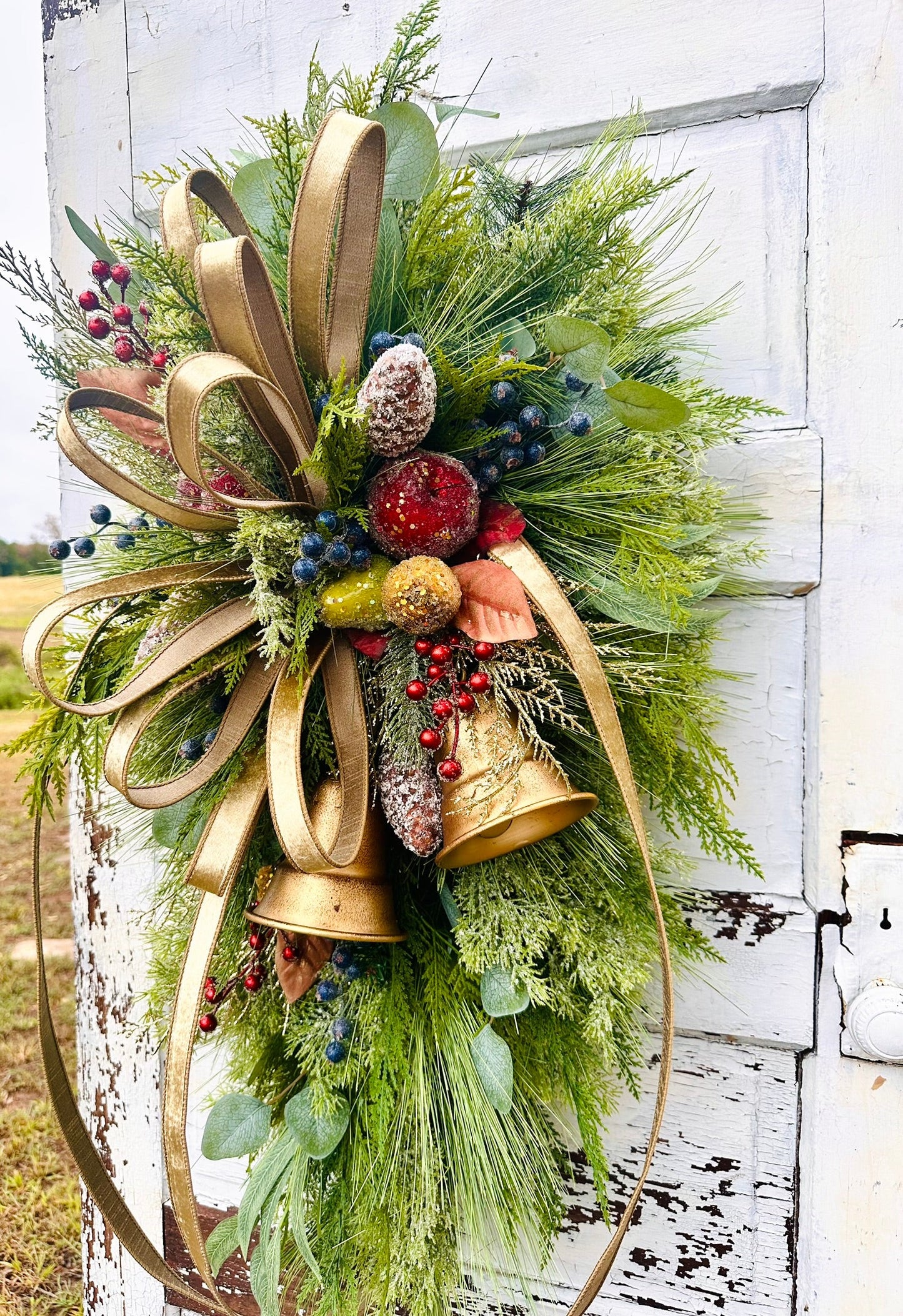 Williamsburg Christmas Swag with Gold Bells & Glittered Fruit – Elegant Holiday Door Decoration 40x24 TCT Crafts