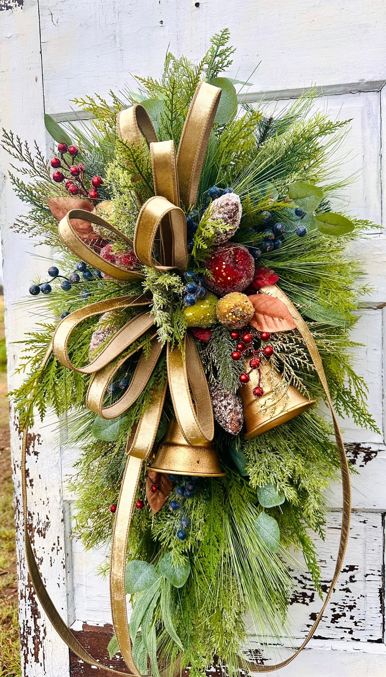 Williamsburg Christmas Swag with Gold Bells & Glittered Fruit – Elegant Holiday Door Decoration 40x24 TCT Crafts