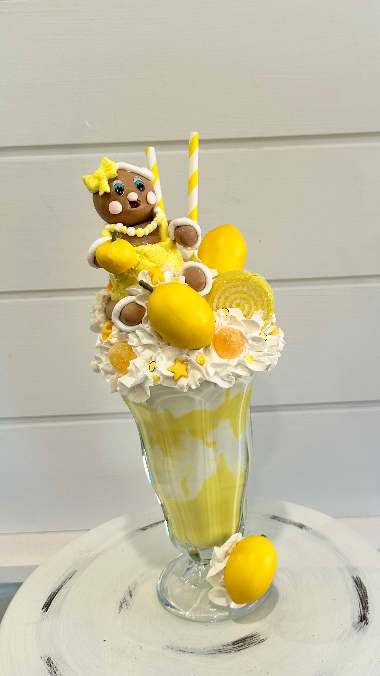 Yellow Summer Lemon Faux Extreme Shake Decor with Gingerbread Girl, Whimsical Kitchen Art, Fake Food Display, Summer Kitchen Decor TCT Crafts