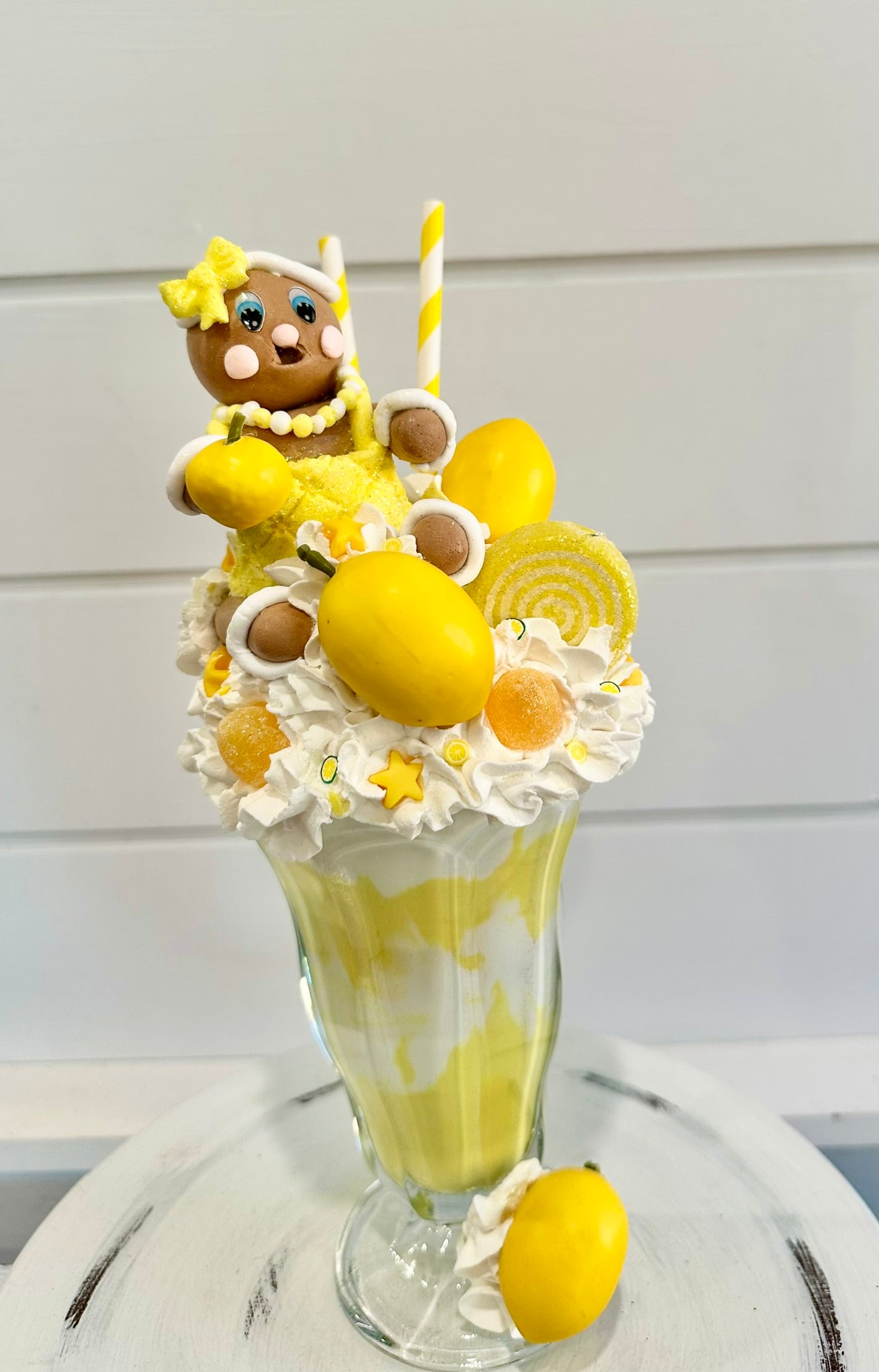 Yellow Summer Lemon Faux Extreme Shake Decor with Gingerbread Girl, Whimsical Kitchen Art, Fake Food Display, Summer Kitchen Decor TCT Crafts