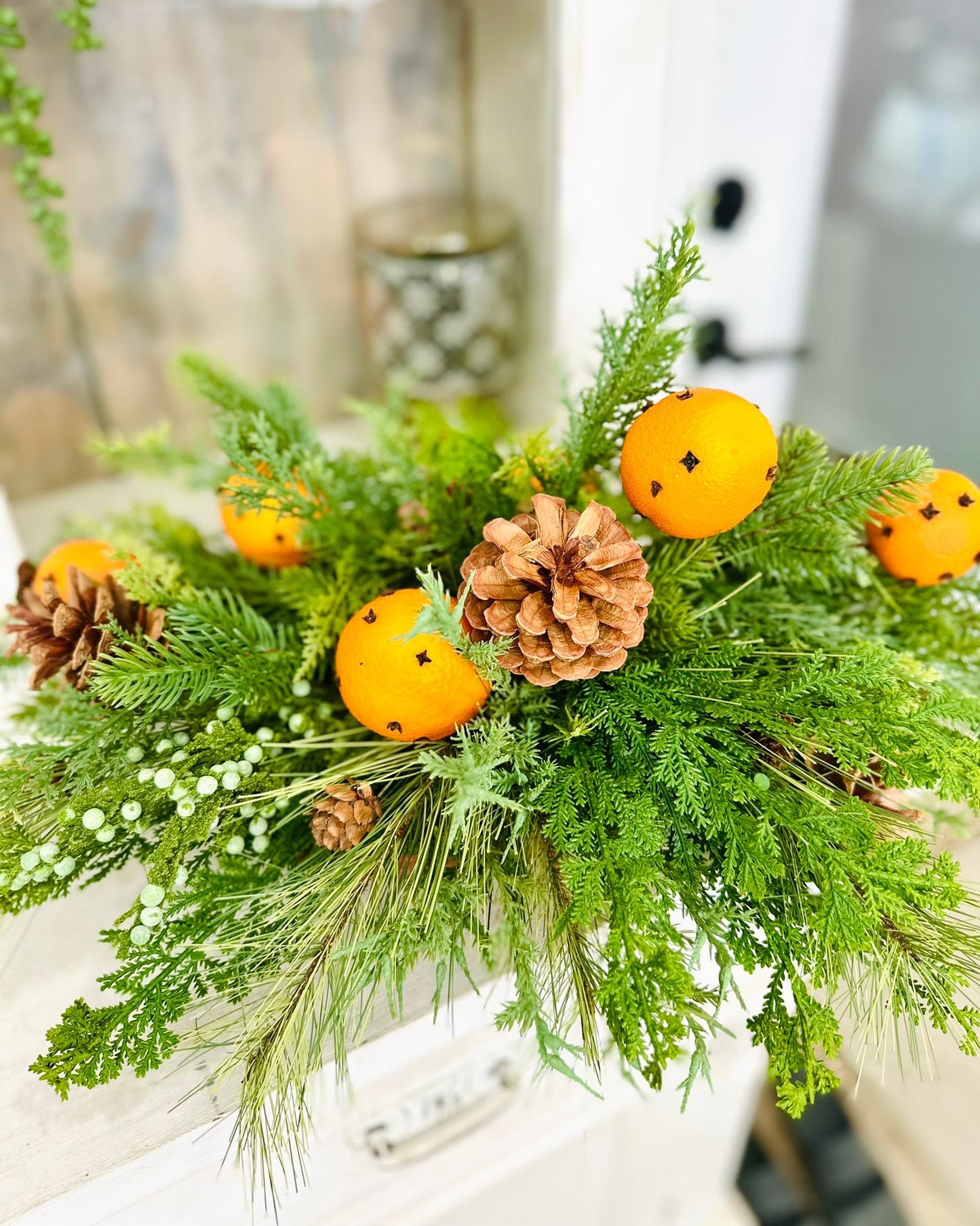 Winter Citrus & Pinecone Arrangement – Holiday Centerpiece with Orange Clove Picks TCT Crafts