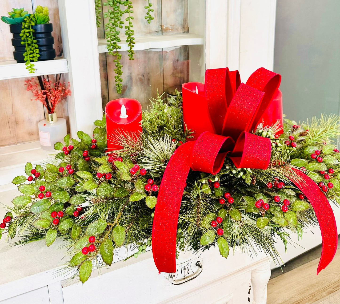 Christmas Candle Arrangement – Holiday Centerpiece with Pine, Holly & Optional Flameless Candles TCT Crafts