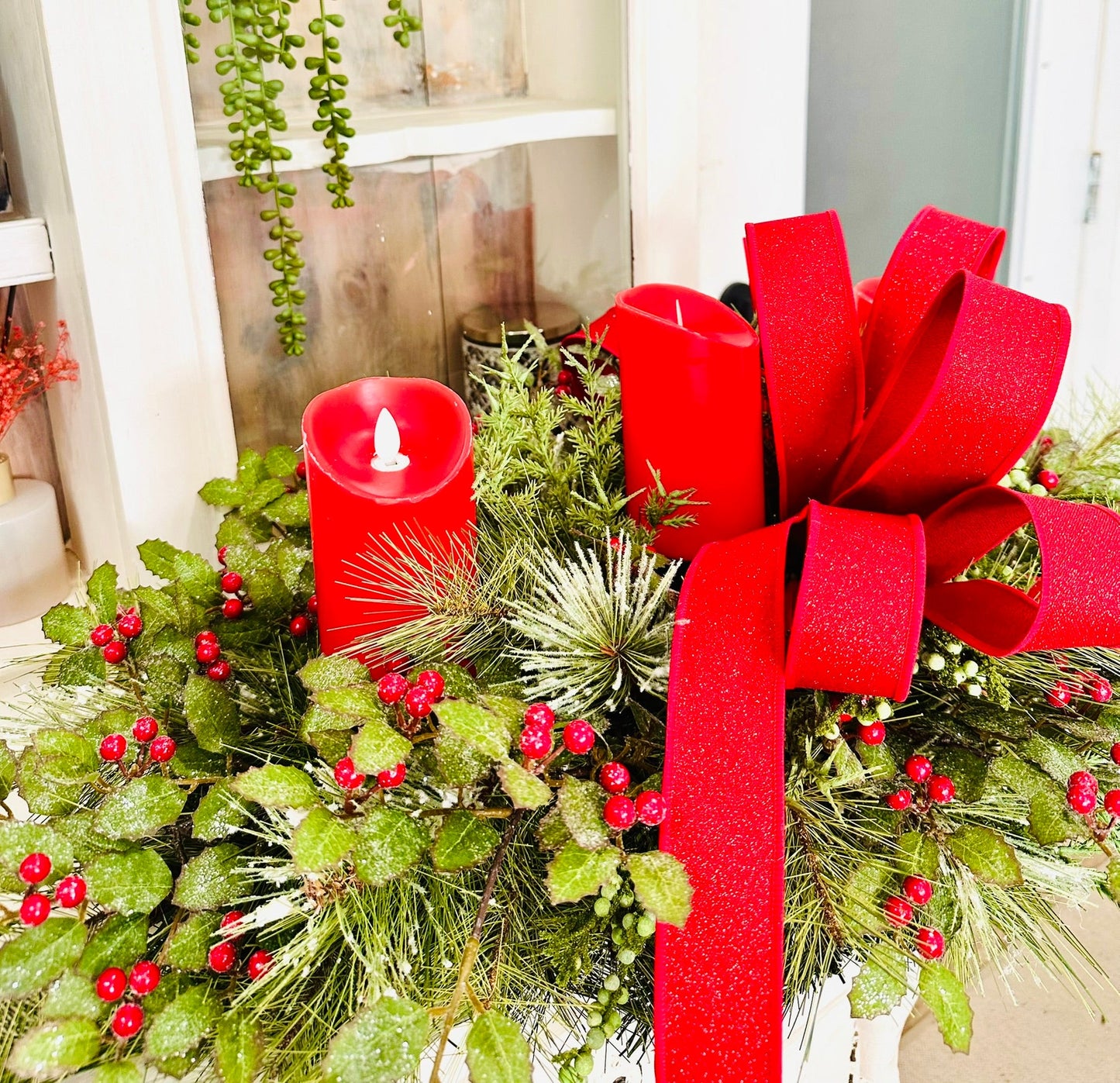 Christmas Candle Arrangement – Holiday Centerpiece with Pine, Holly & Optional Flameless Candles TCT Crafts