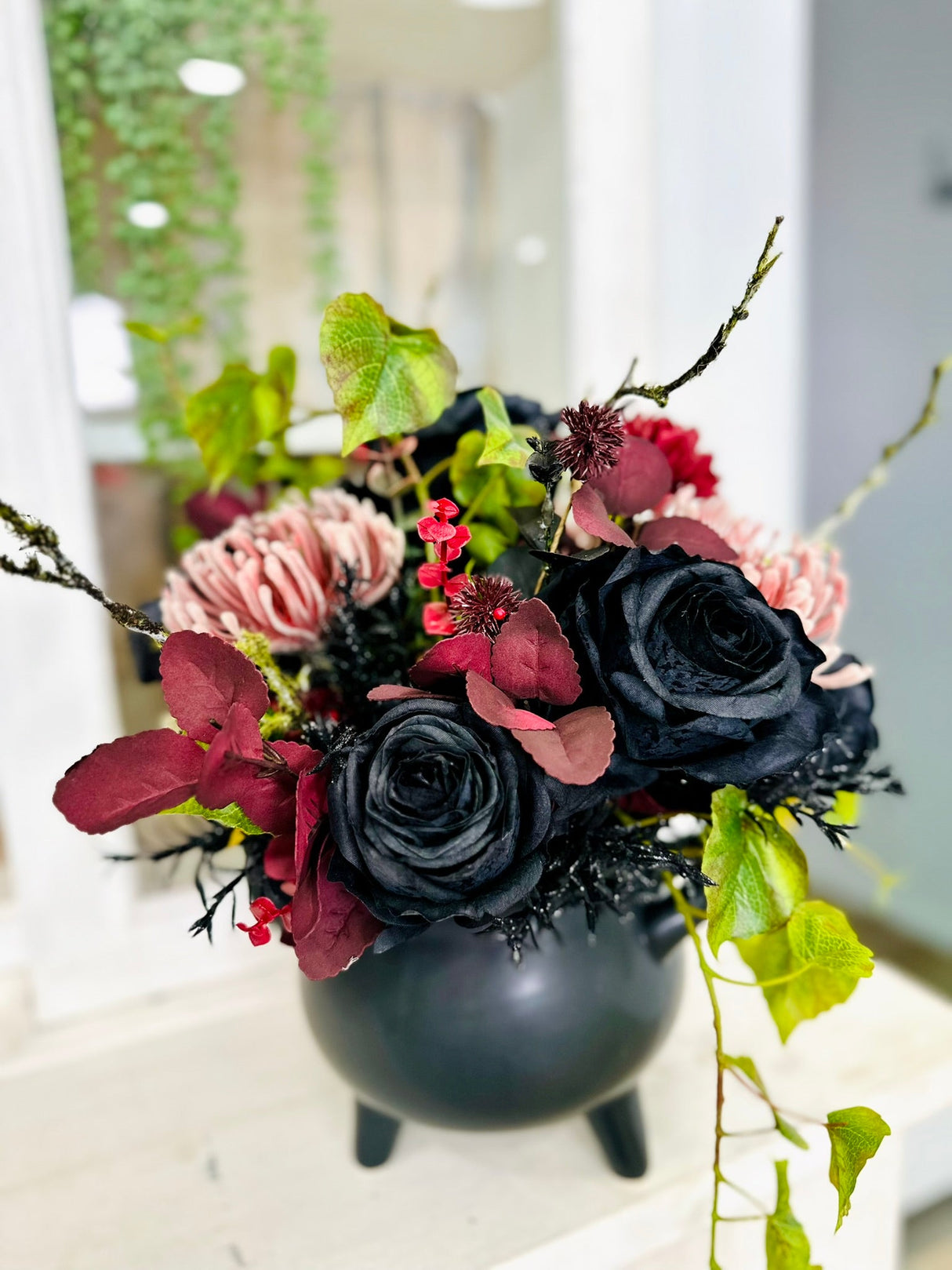 Halloween Cauldron Arrangement – Gothic Floral Centerpiece with Black Roses TCT Crafts