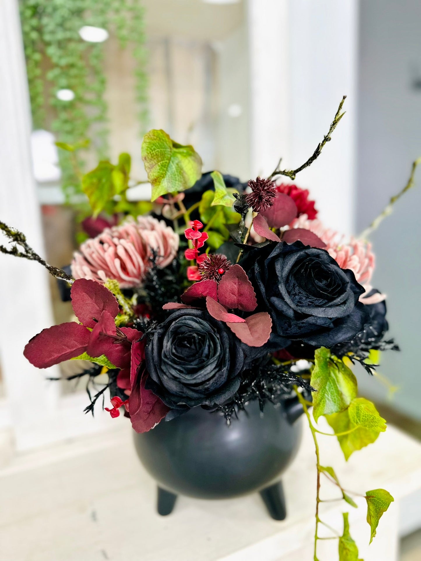 Halloween Cauldron Arrangement – Gothic Floral Centerpiece with Black Roses TCT Crafts