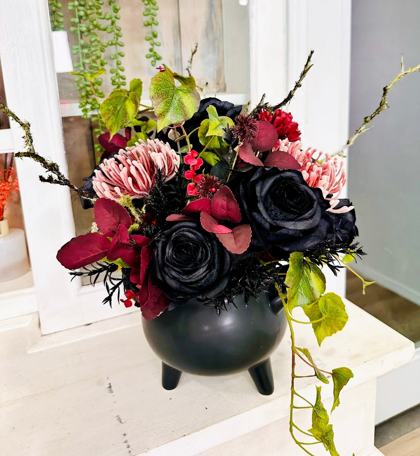 Halloween Cauldron Arrangement – Gothic Floral Centerpiece with Black Roses TCT Crafts