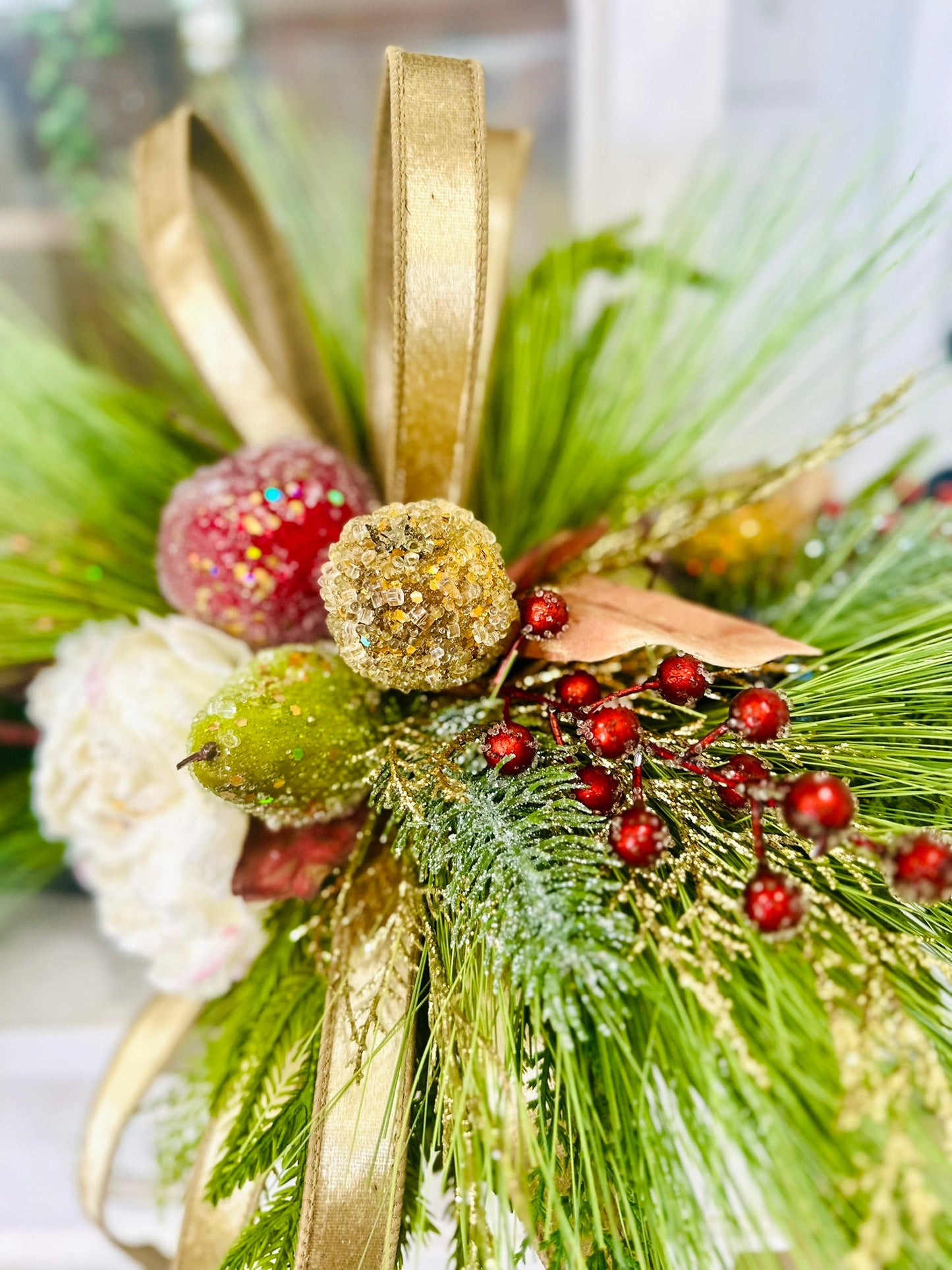 Williamsburg Christmas Centerpiece – 36x14 Beaded Fruit & Peony Holiday Arrangement in Wood Tray TCT Crafts