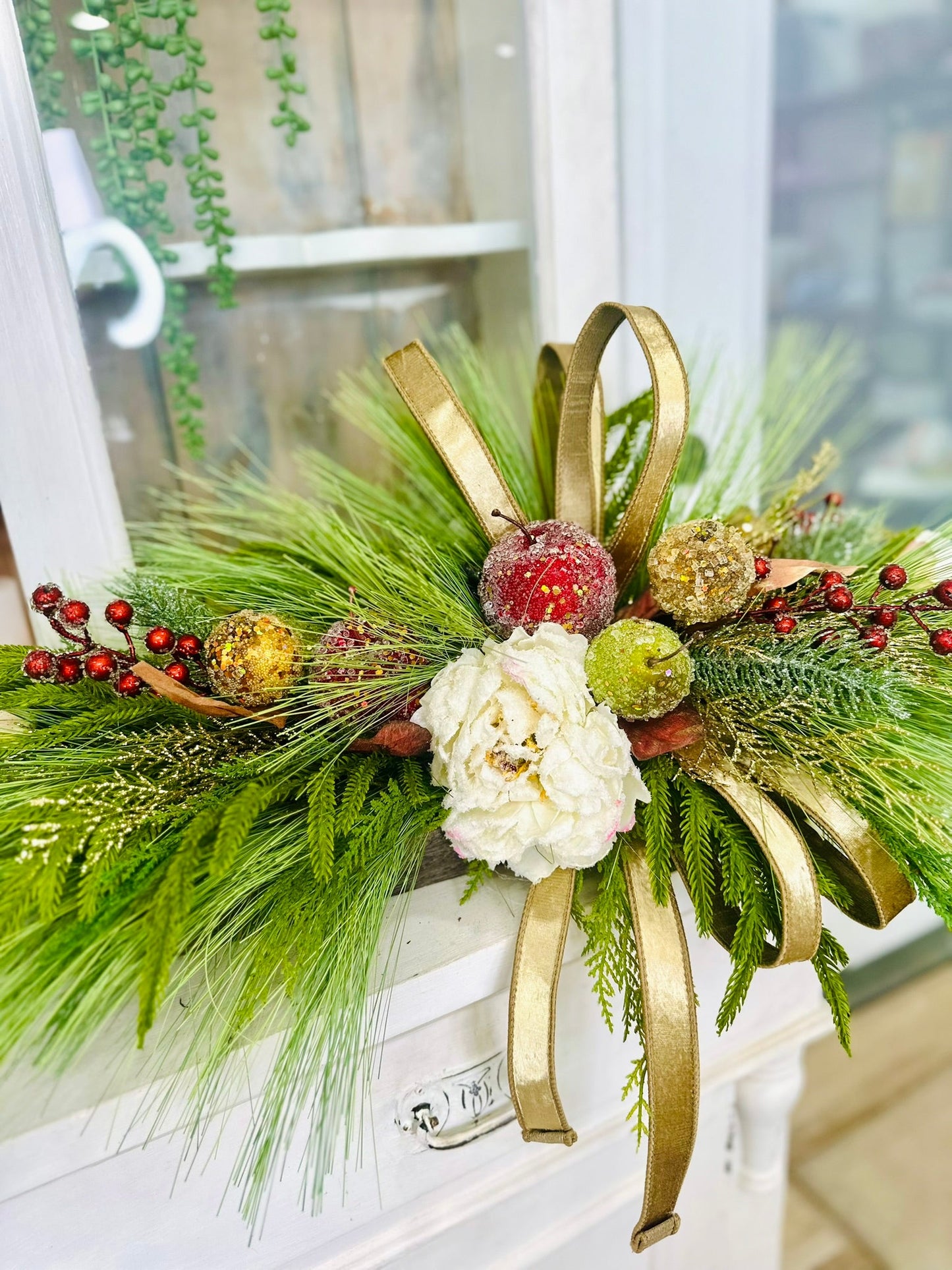 Williamsburg Christmas Centerpiece – 36x14 Beaded Fruit & Peony Holiday Arrangement in Wood Tray TCT Crafts