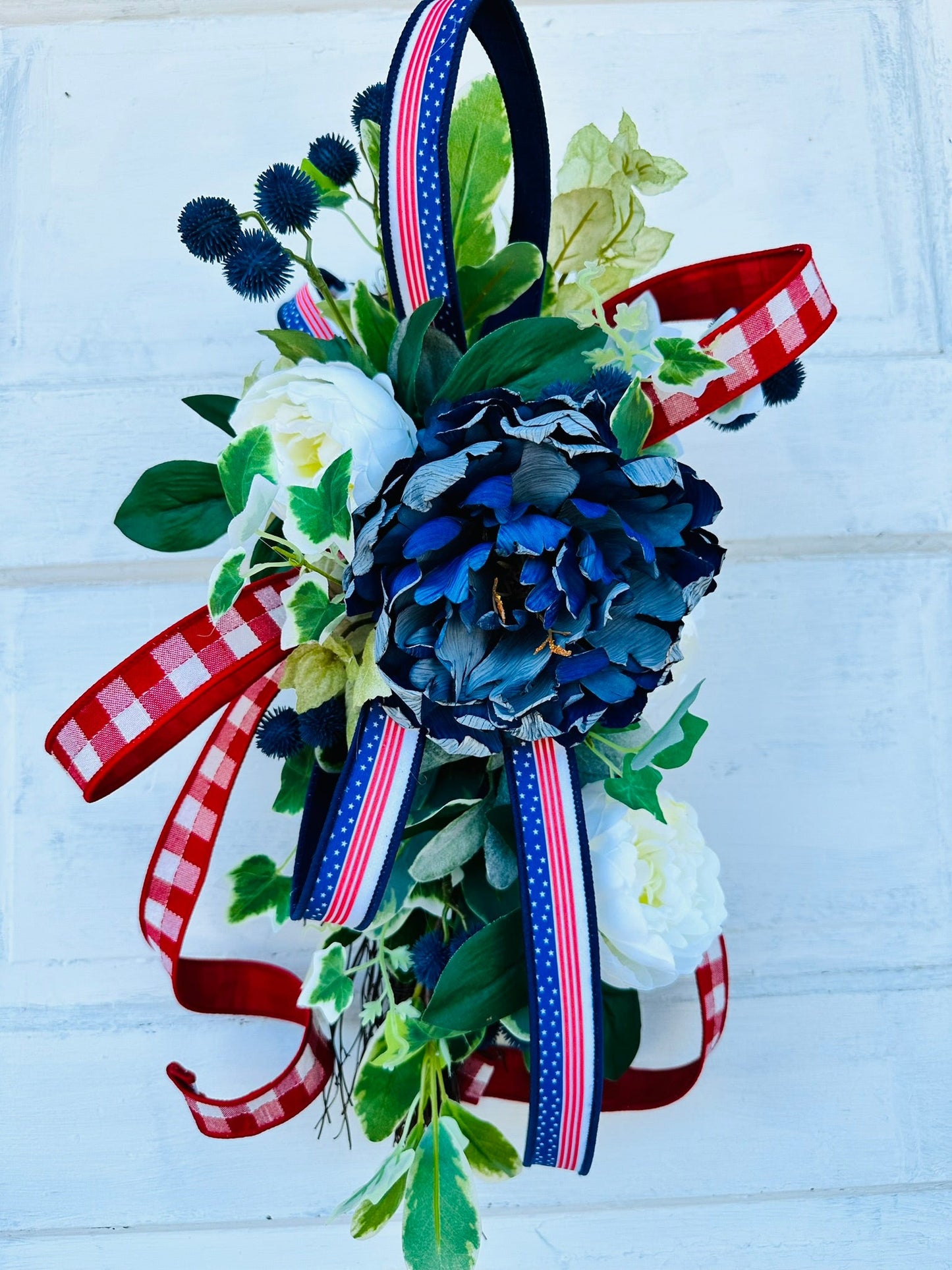 Patriotic Door Hanger Swag, 22x10 Red White and Blue Floral Decoration, Small American Pride Accent for Home by TCT Crafts