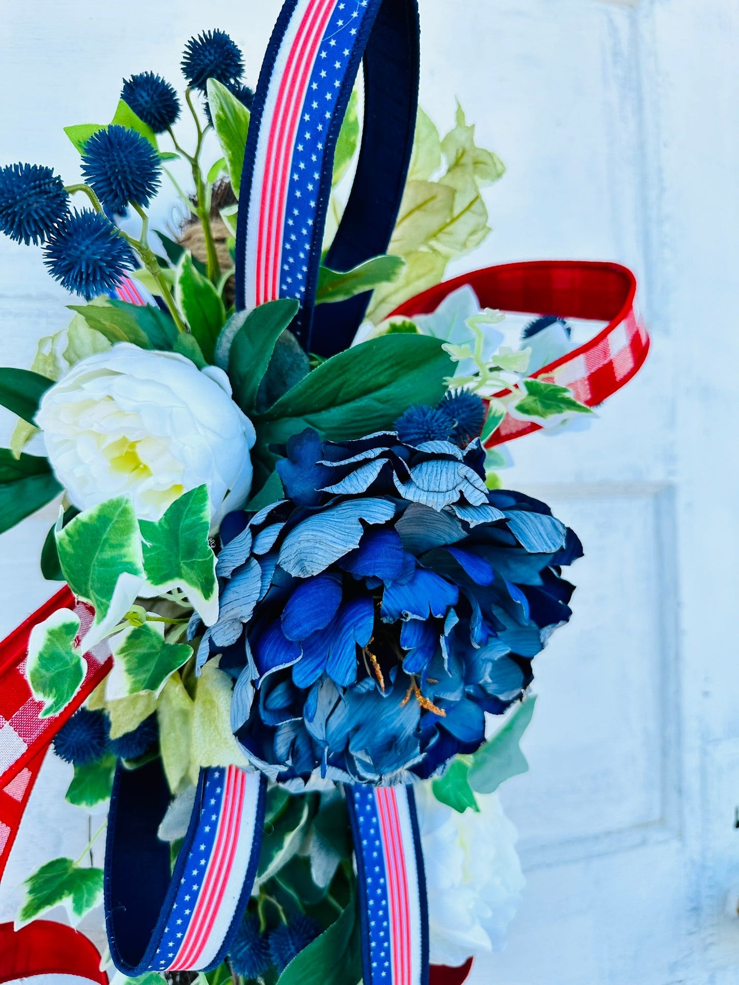Patriotic Door Hanger Swag, 22x10 Red White and Blue Floral Decoration, Small American Pride Accent for Home by TCT Crafts