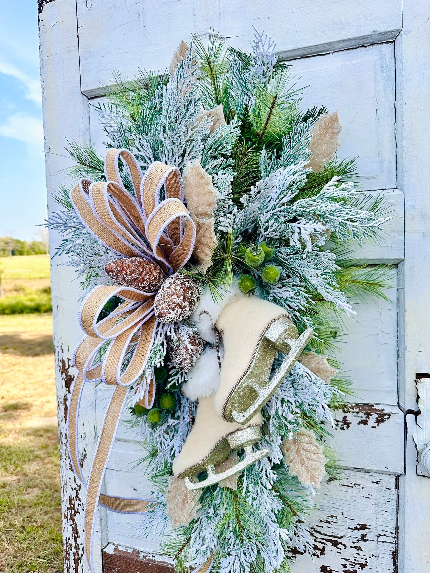 Winter Chalet Neutral Christmas Swag with Ice Skates – 39"x21" TCT Crafts