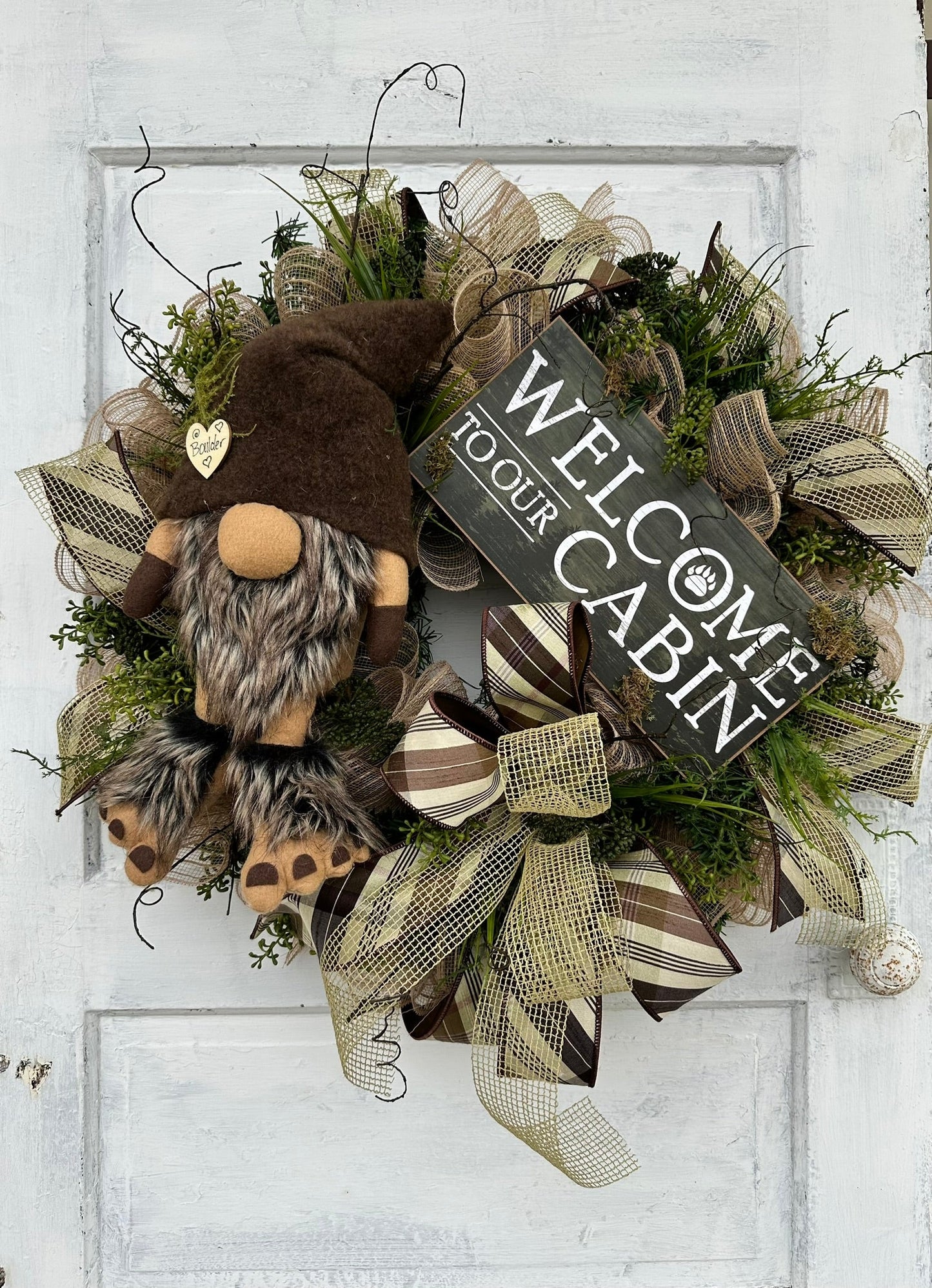 Rustic Gnome Cabin Welcome Wreath, 27x23 Handmade Gnome Door Decor, Rustic Cabin Door Decor, Woodland Wreath by TCT Crafts TCT Crafts