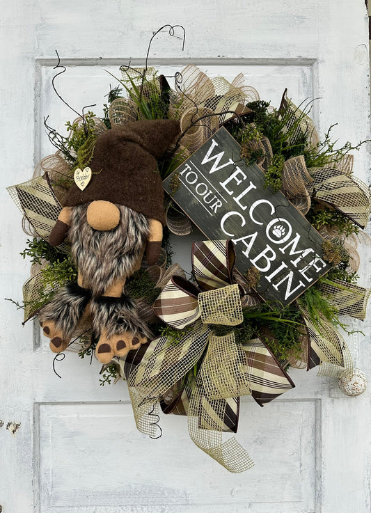 Rustic Gnome Cabin Welcome Wreath, 27x23 Handmade Gnome Door Decor, Rustic Cabin Door Decor, Woodland Wreath by TCT Crafts TCT Crafts