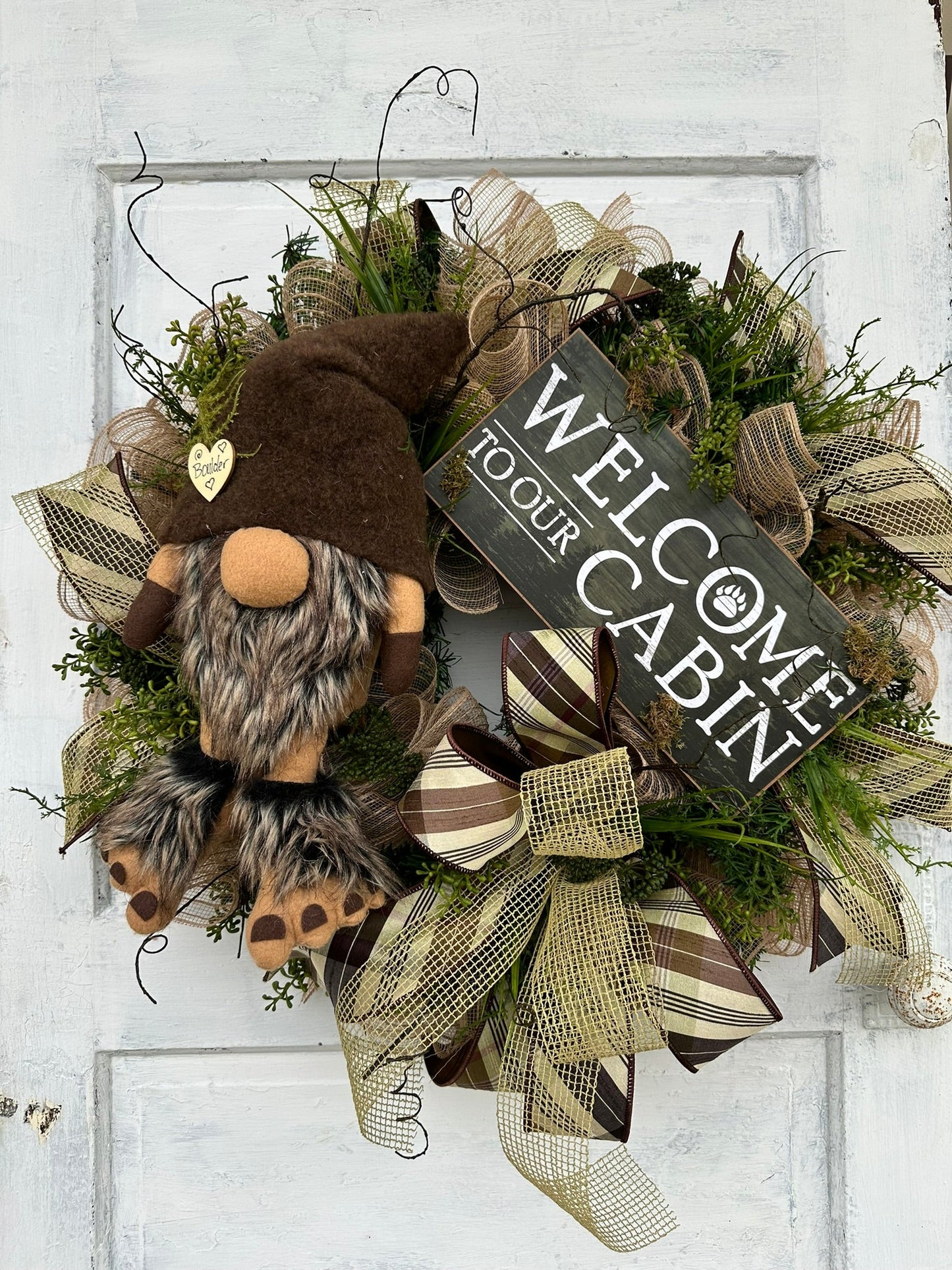 Rustic Gnome Cabin Welcome Wreath, 27x23 Handmade Gnome Door Decor, Rustic Cabin Door Decor, Woodland Wreath by TCT Crafts TCT Crafts