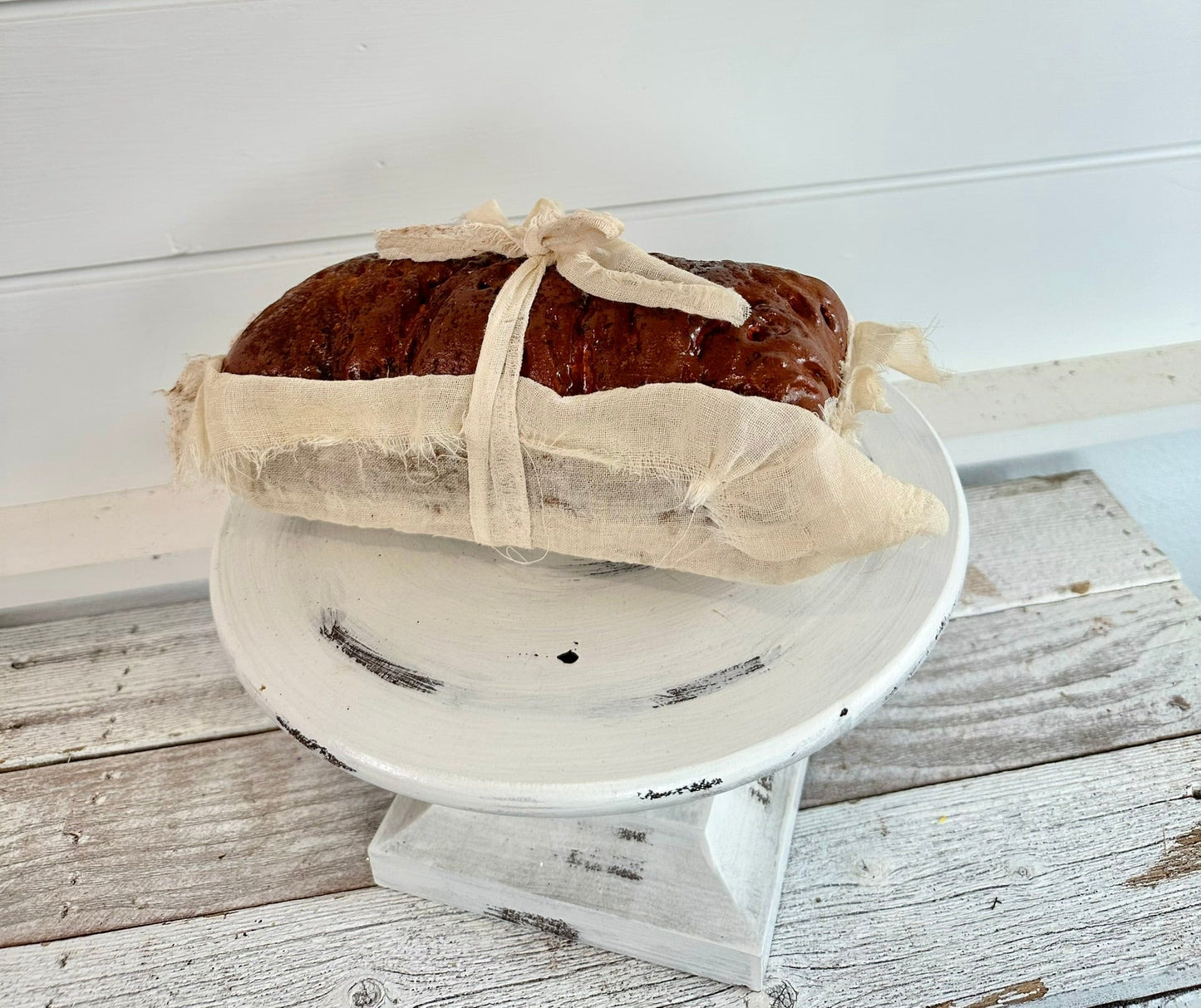 Artificial Pumpkin Cinnamon Bread Decor, 8x3 Distressed Cheesecloth Wrapped, Tier Tray Display for Farmhouse Kitchen