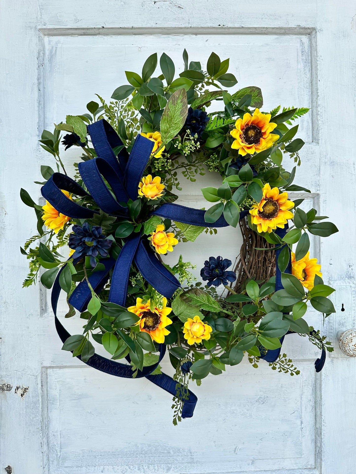 Sunflower Wreath with Navy Accents for Summer & Fall - Rustic 22x20 Grapevine Door Decor - Elegant Floral Greenery Wreath