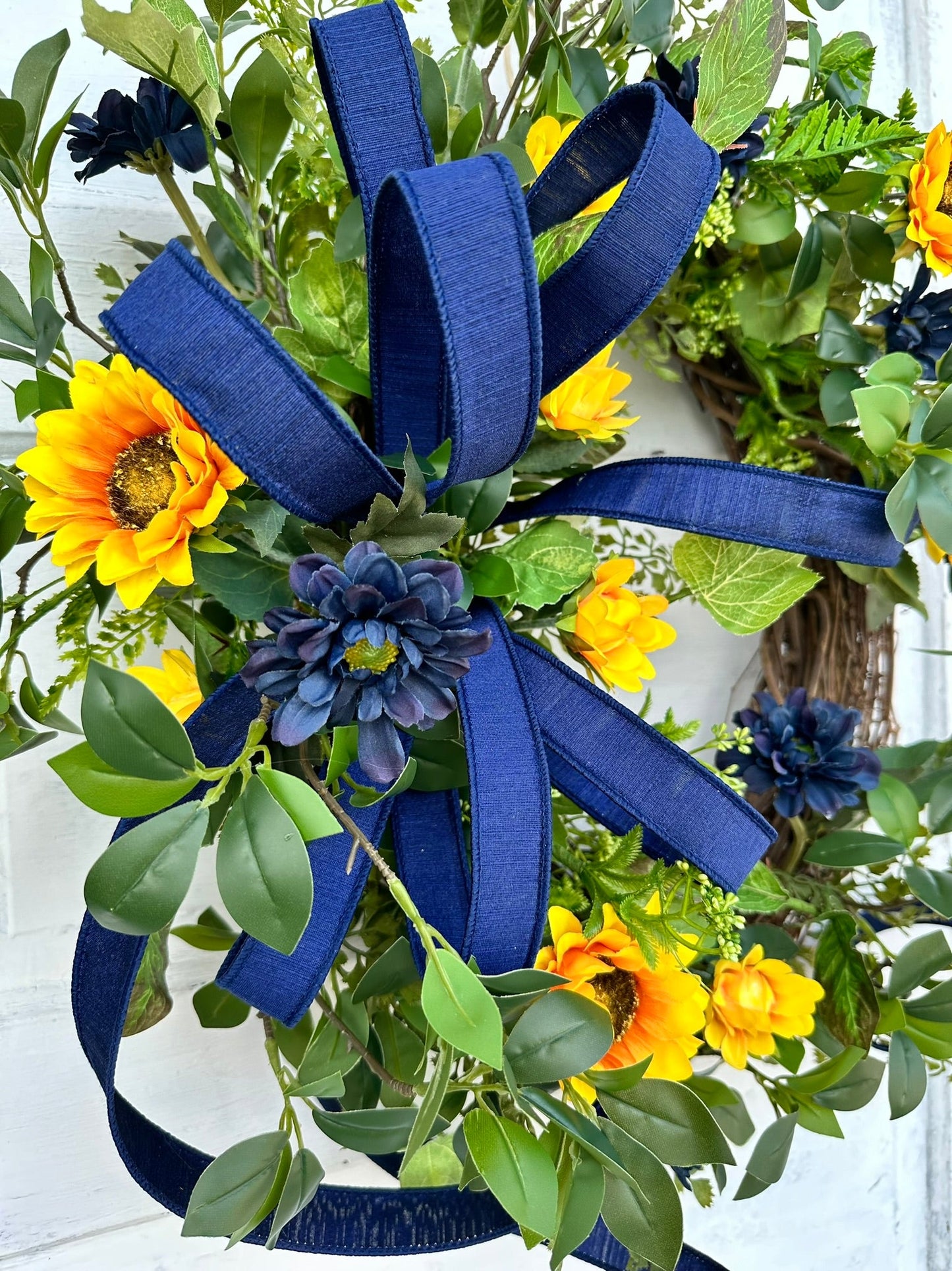 Sunflower Wreath with Navy Accents for Summer & Fall - Rustic 22x20 Grapevine Door Decor - Elegant Floral Greenery Wreath
