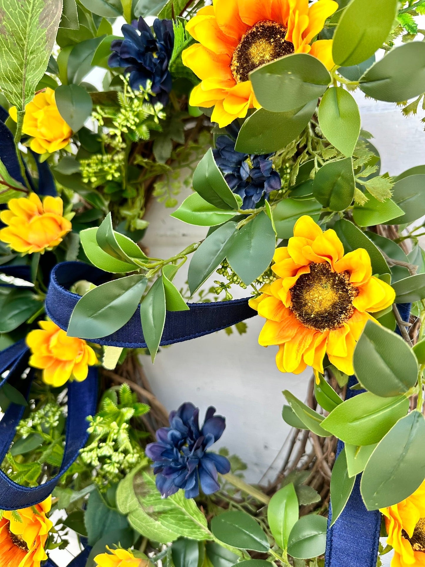 Sunflower Wreath with Navy Accents for Summer & Fall - Rustic 22x20 Grapevine Door Decor - Elegant Floral Greenery Wreath