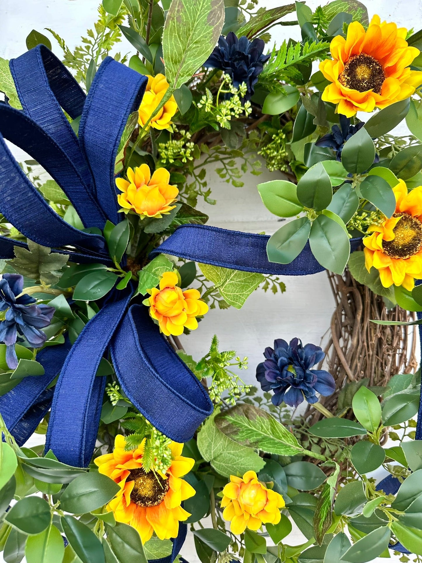 Sunflower Wreath with Navy Accents for Summer & Fall - Rustic 22x20 Grapevine Door Decor - Elegant Floral Greenery Wreath