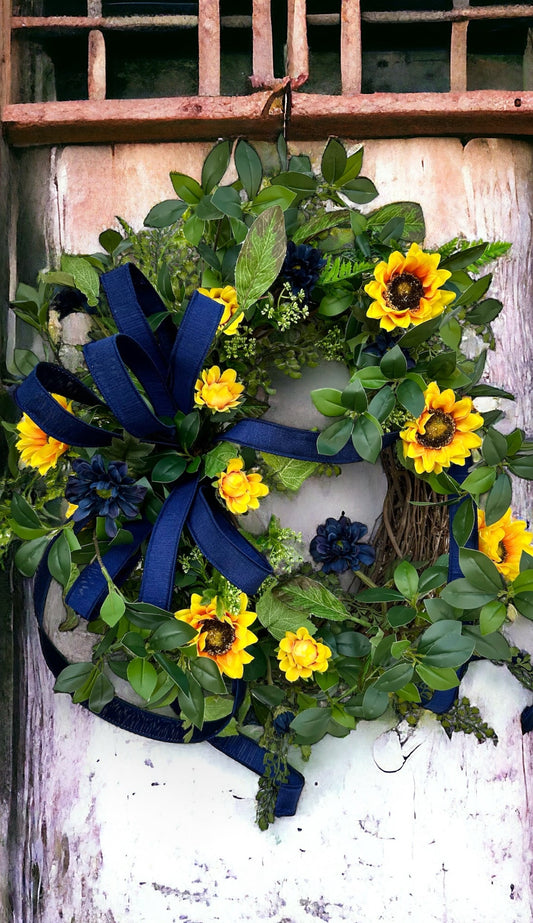 Sunflower Wreath with Navy Accents for Summer & Fall - Rustic 22x20 Grapevine Door Decor - Elegant Floral Greenery Wreath TCT Crafts