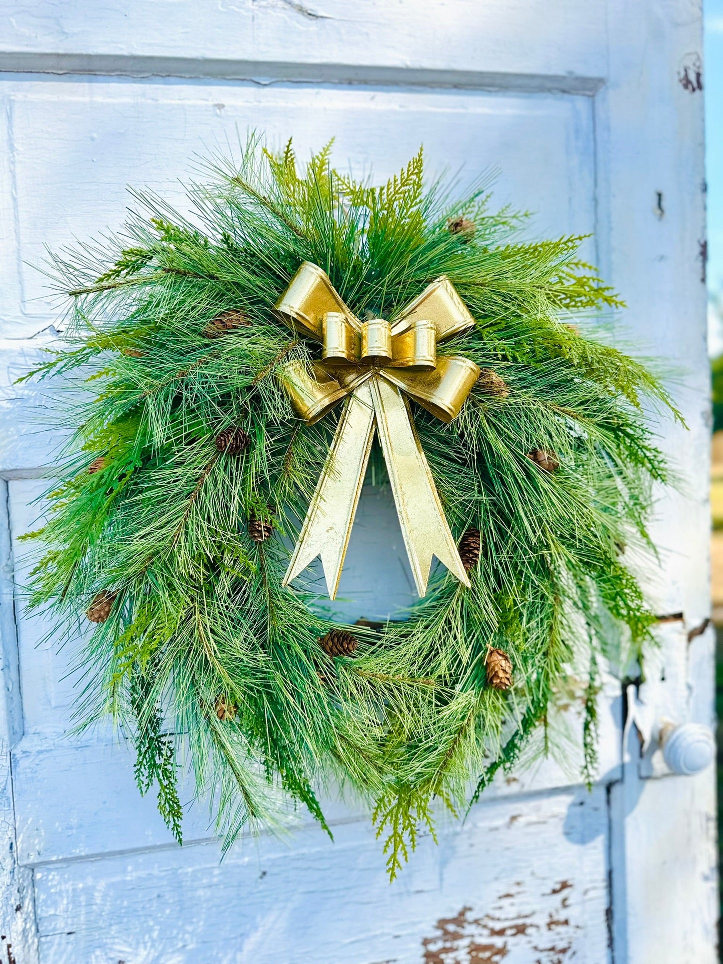 24" Pine Winter Holiday Wreath with Cedar & Gold Bow | Classic Christmas Door Decor TCT Crafts