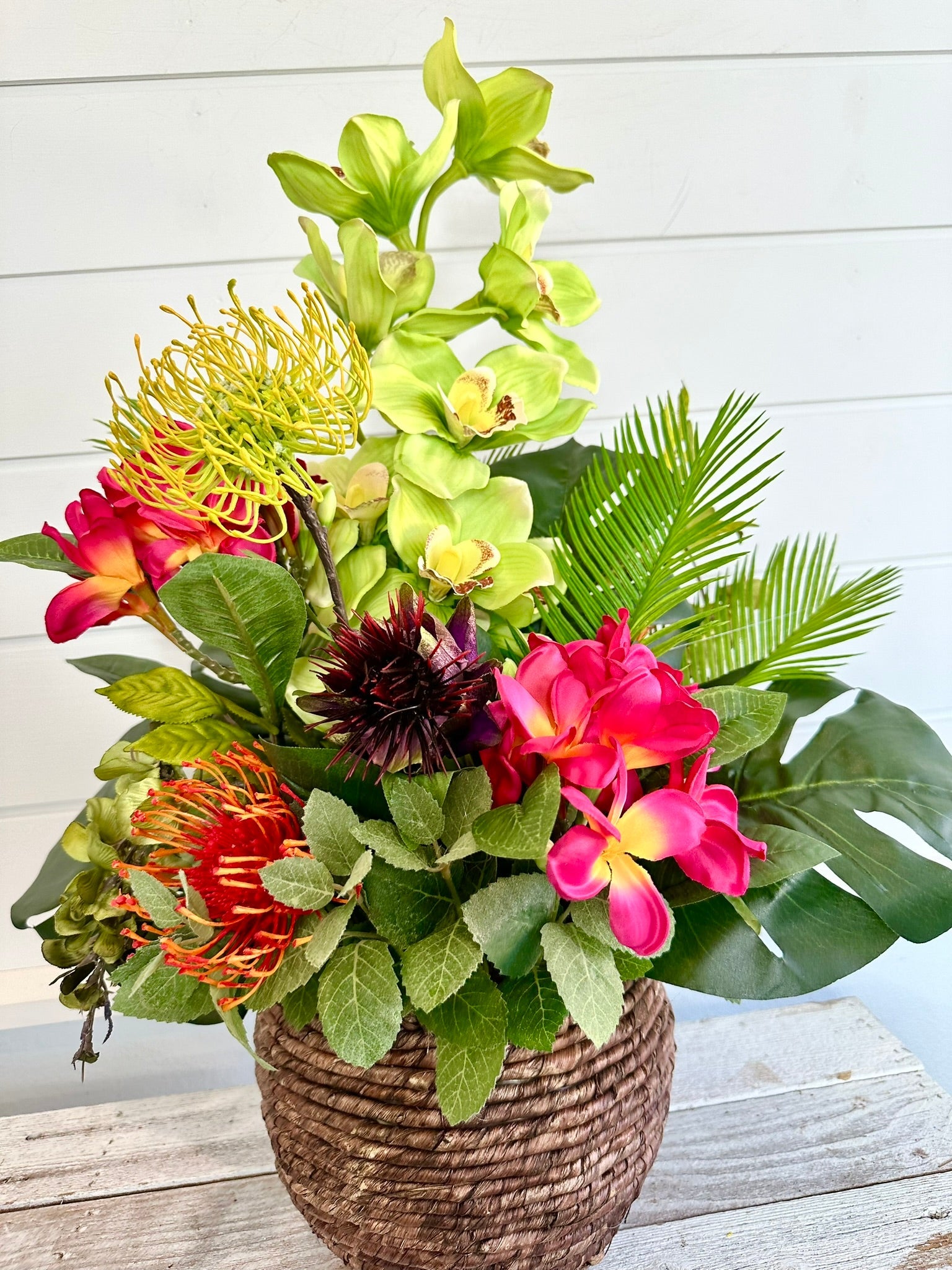 Exotic Plumeria Artificial Arrangement in Woven Basket, Vibrant 24x17 Tropical Decor Centerpiece for Home & Events TCT Crafts
