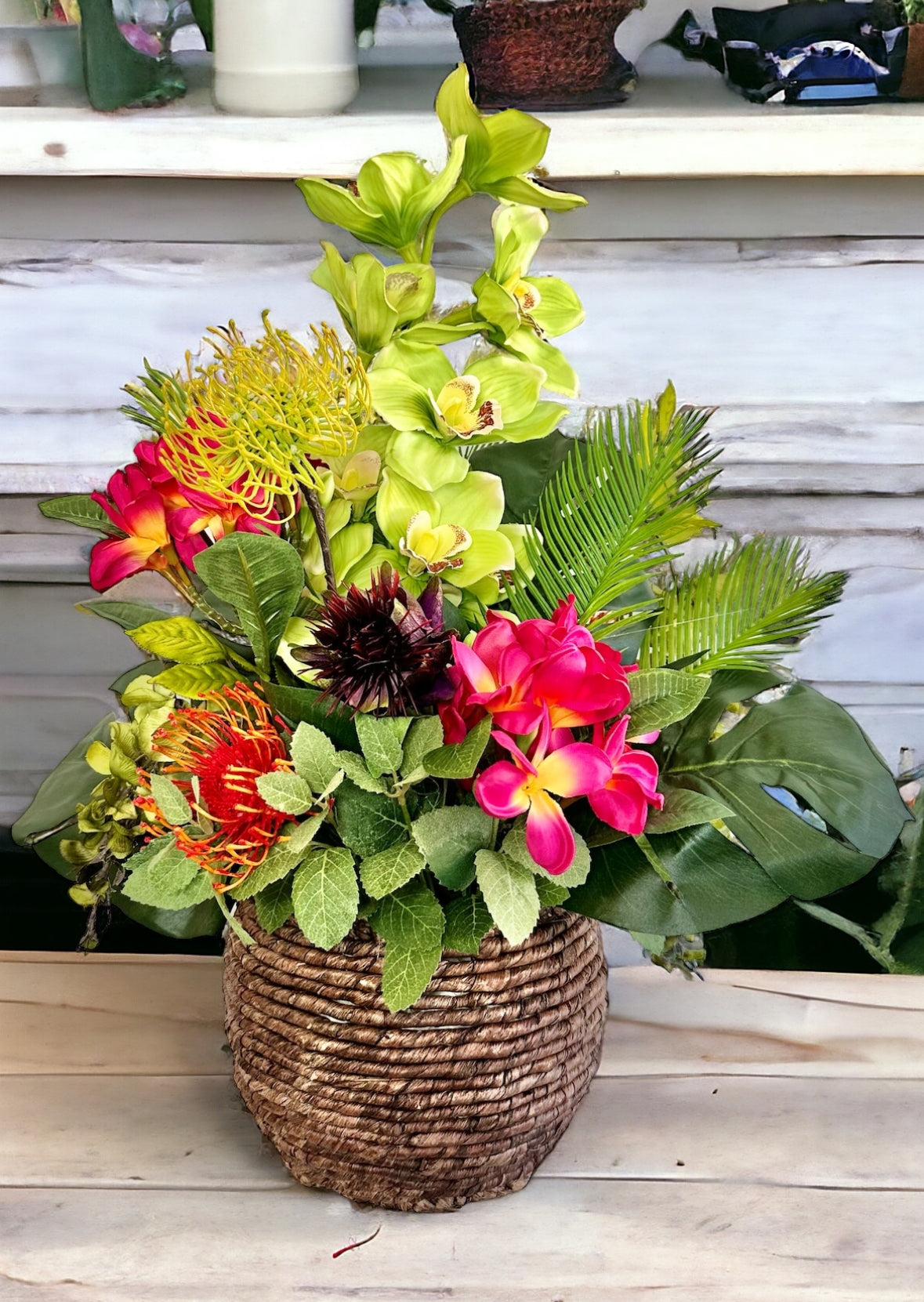 Exotic Plumeria Artificial Arrangement in Woven Basket, Vibrant 24x17 Tropical Decor Centerpiece for Home & Events TCT Crafts