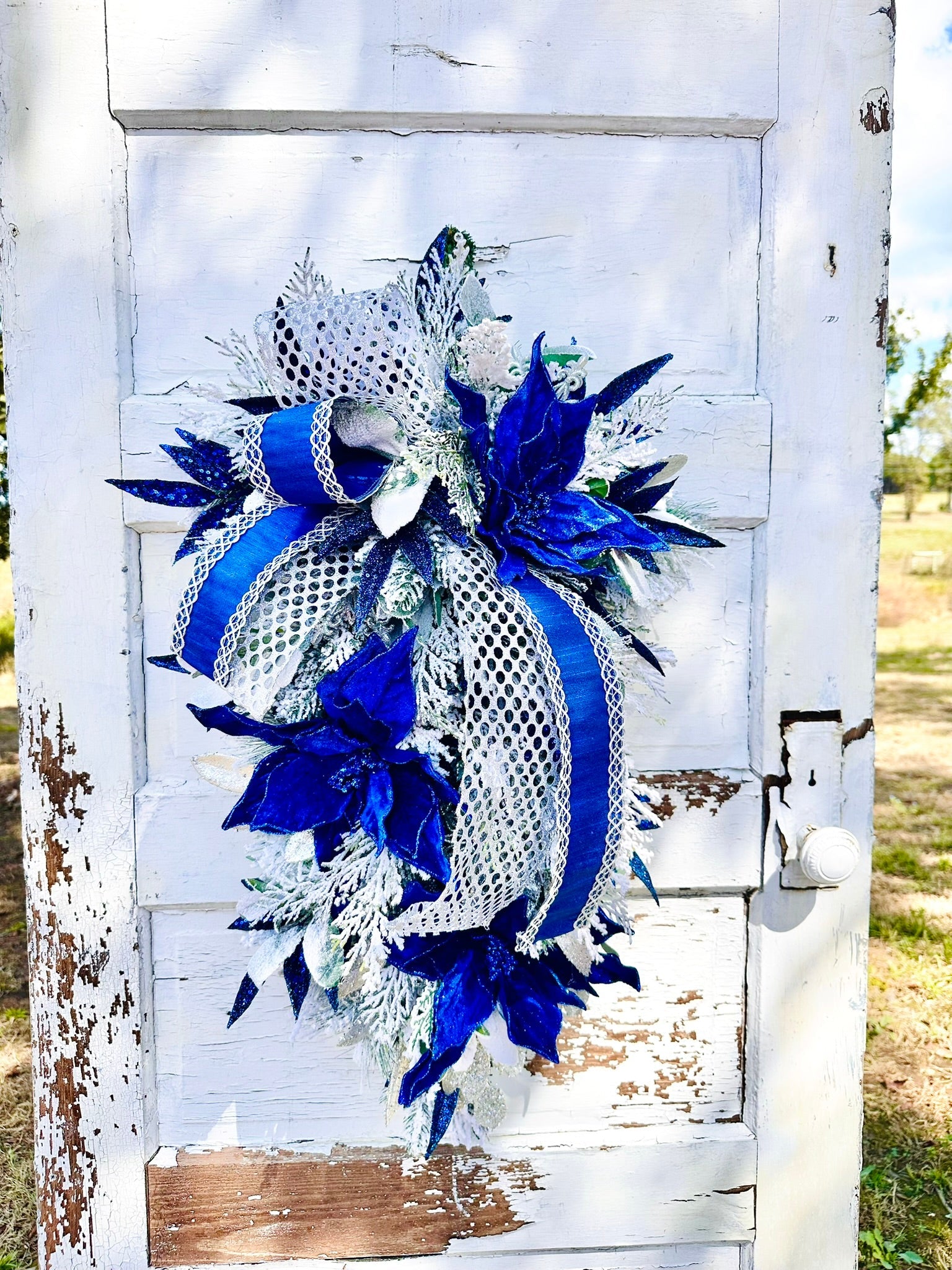 Royal Blue & Silver Christmas or Hanukkah Swag | Velvet Poinsettia Winter Door Decoration TCT Crafts