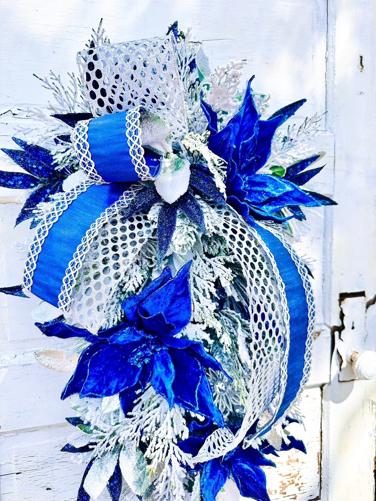 Royal Blue & Silver Christmas or Hanukkah Swag | Velvet Poinsettia Winter Door Decoration TCT Crafts