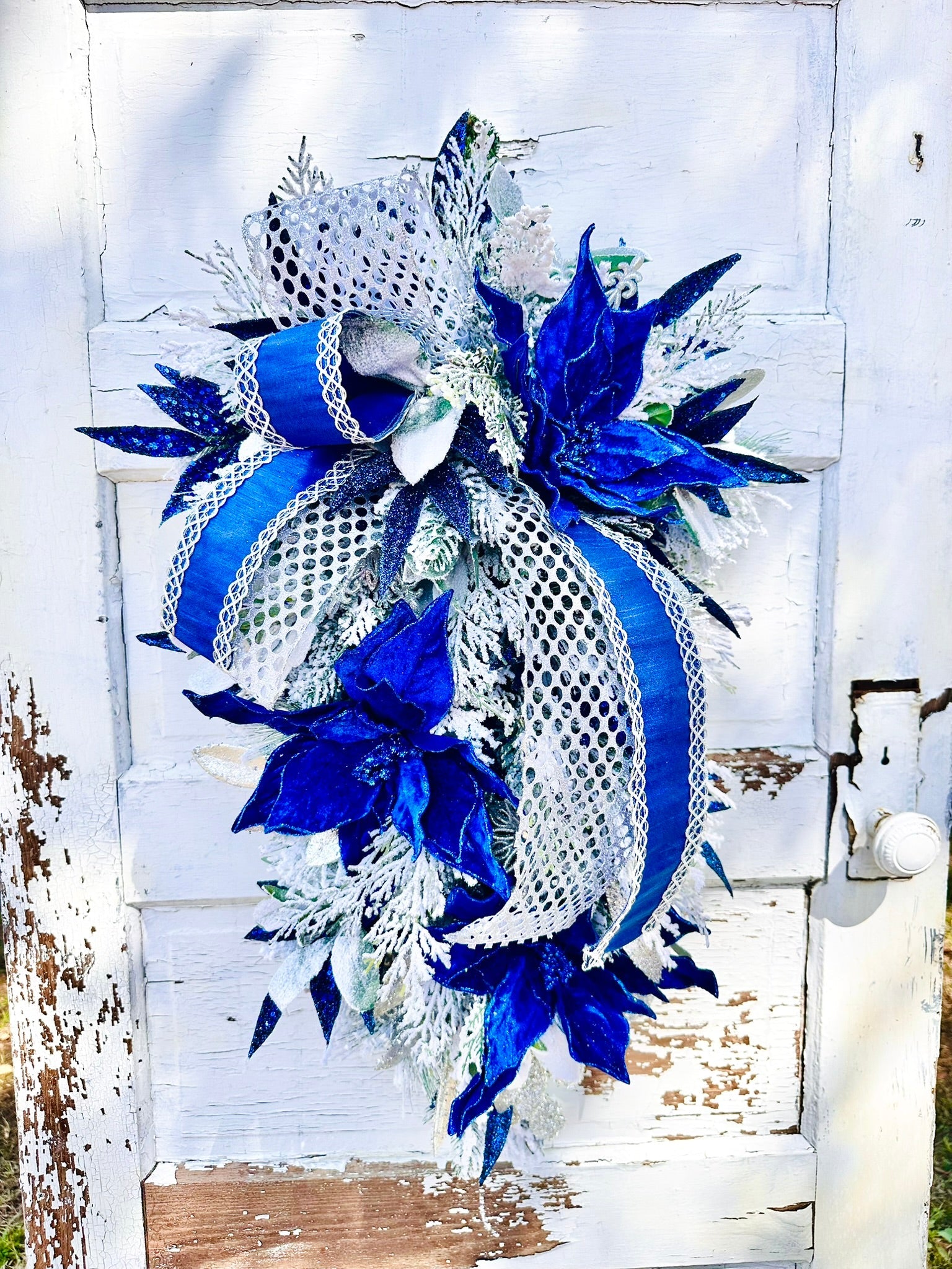 Royal Blue & Silver Christmas or Hanukkah Swag | Velvet Poinsettia Winter Door Decoration TCT Crafts