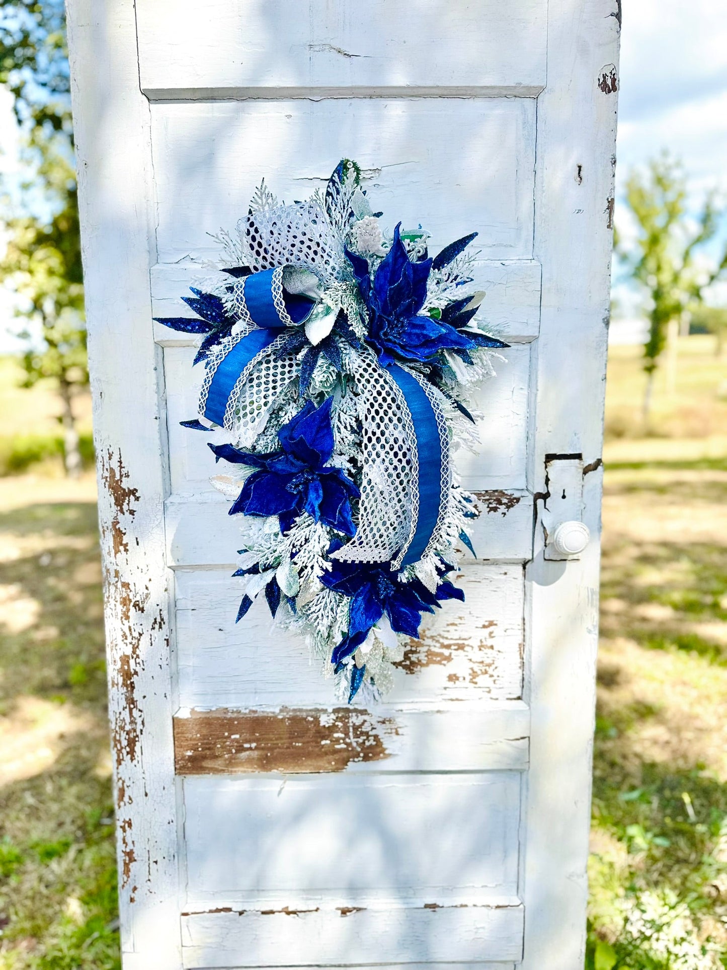 Royal Blue & Silver Christmas or Hanukkah Swag | Velvet Poinsettia Winter Door Decoration TCT Crafts