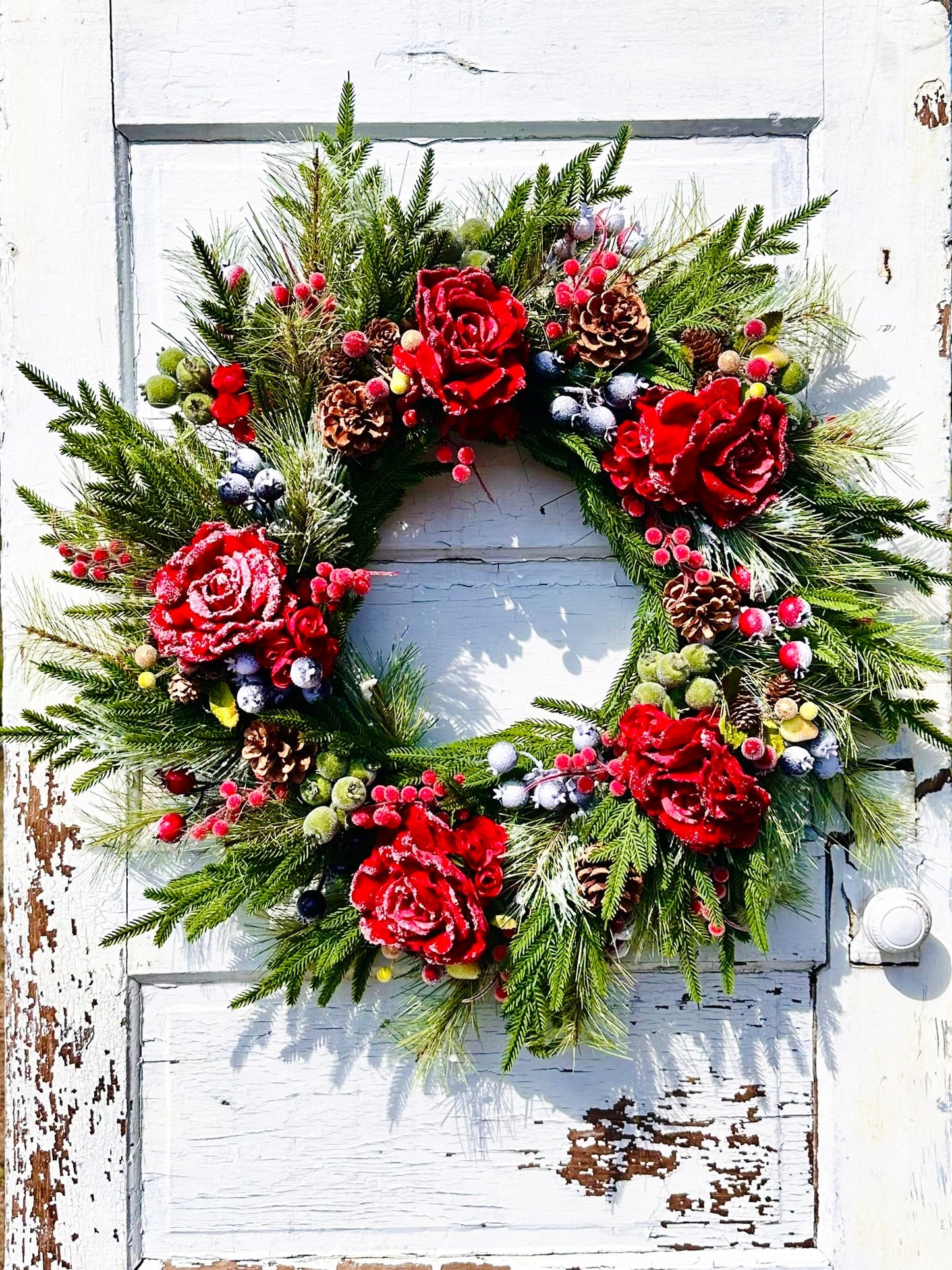 Red Snowy Rose & Mixed Fruit Christmas Wreath | 30" Winter Grapevine Wreath TCT Crafts