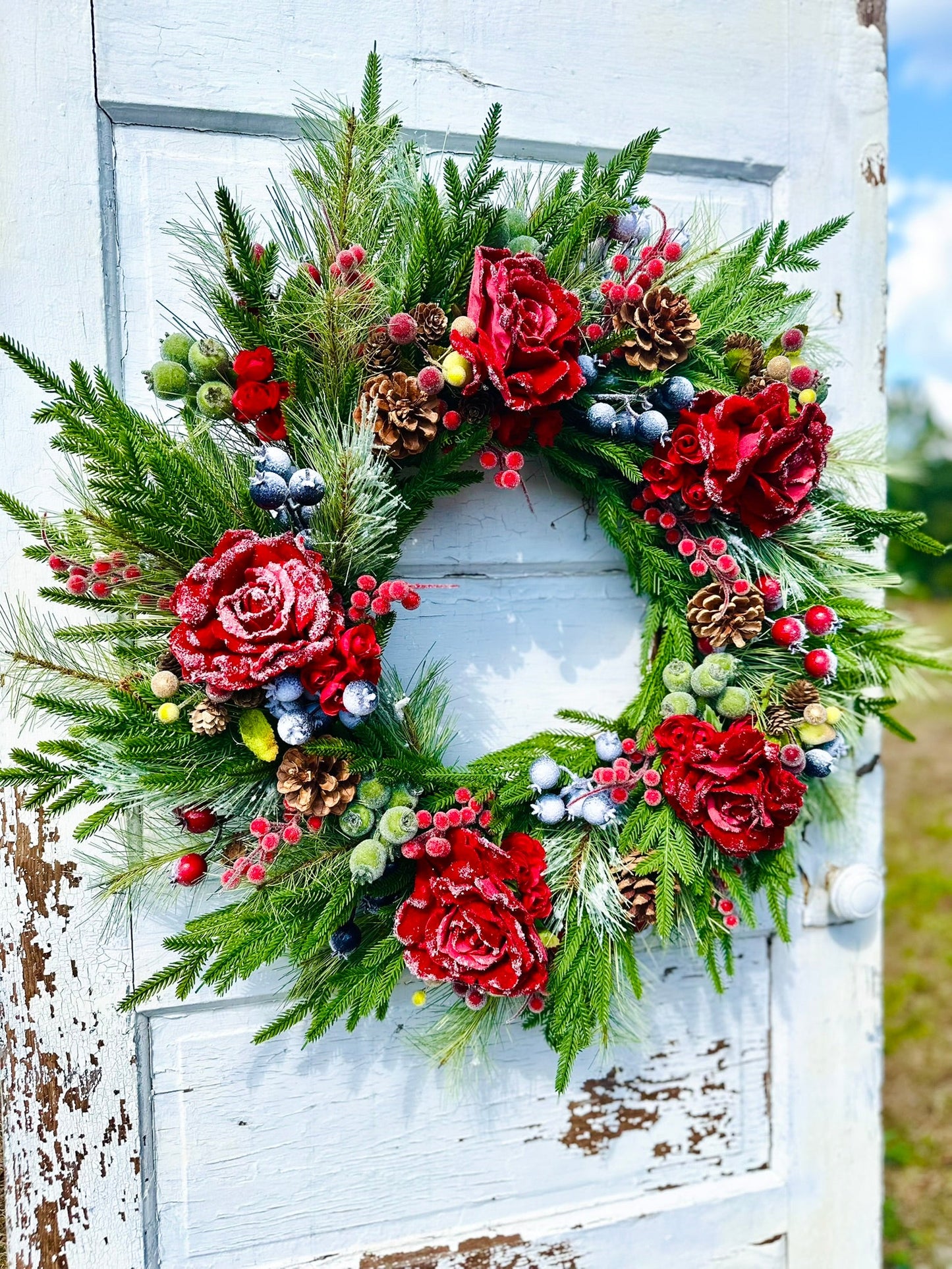 Red Snowy Rose & Mixed Fruit Christmas Wreath | 30" Winter Grapevine Wreath TCT Crafts