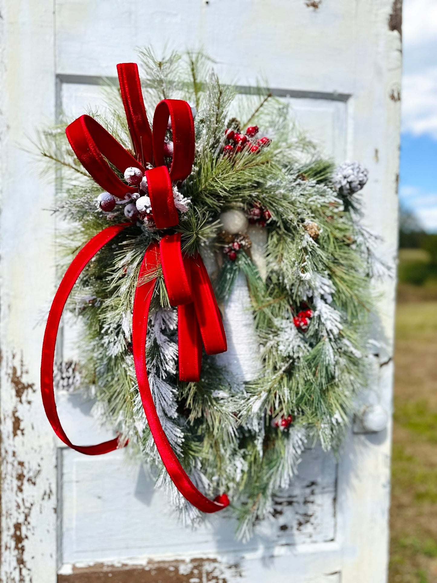 Winter Angel Grapevine Wreath – Elegant 32"x22" Christmas Wreath with Red Velvet Bow & Pine Sprays for Front Door Decor TCT Crafts