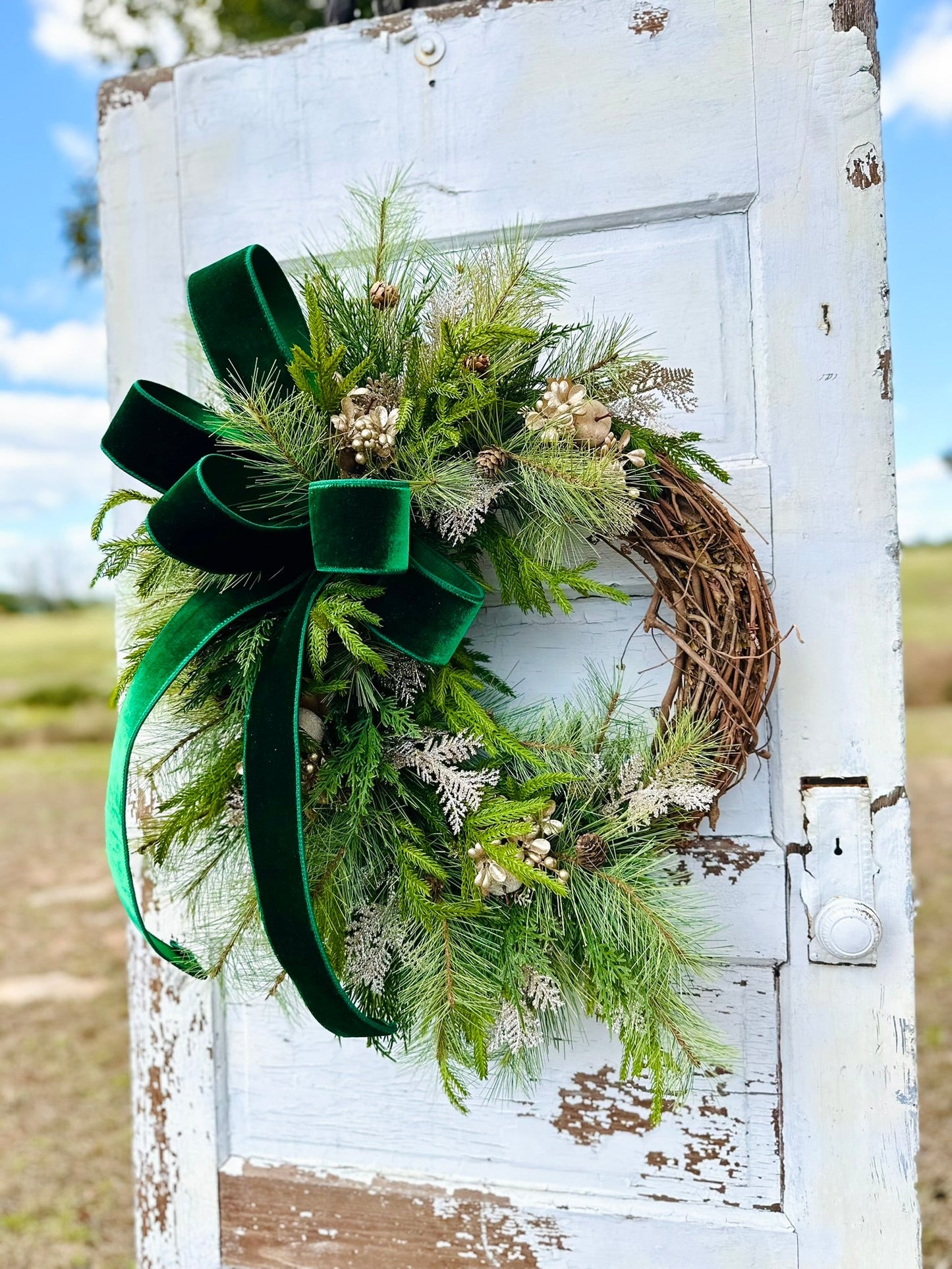 Elegant Green & Gold Grapevine Pine Christmas Wreath | Velvet Ribbon Winter Holiday Wreath | 33"x24" Classic Front Door Decor TCT Crafts