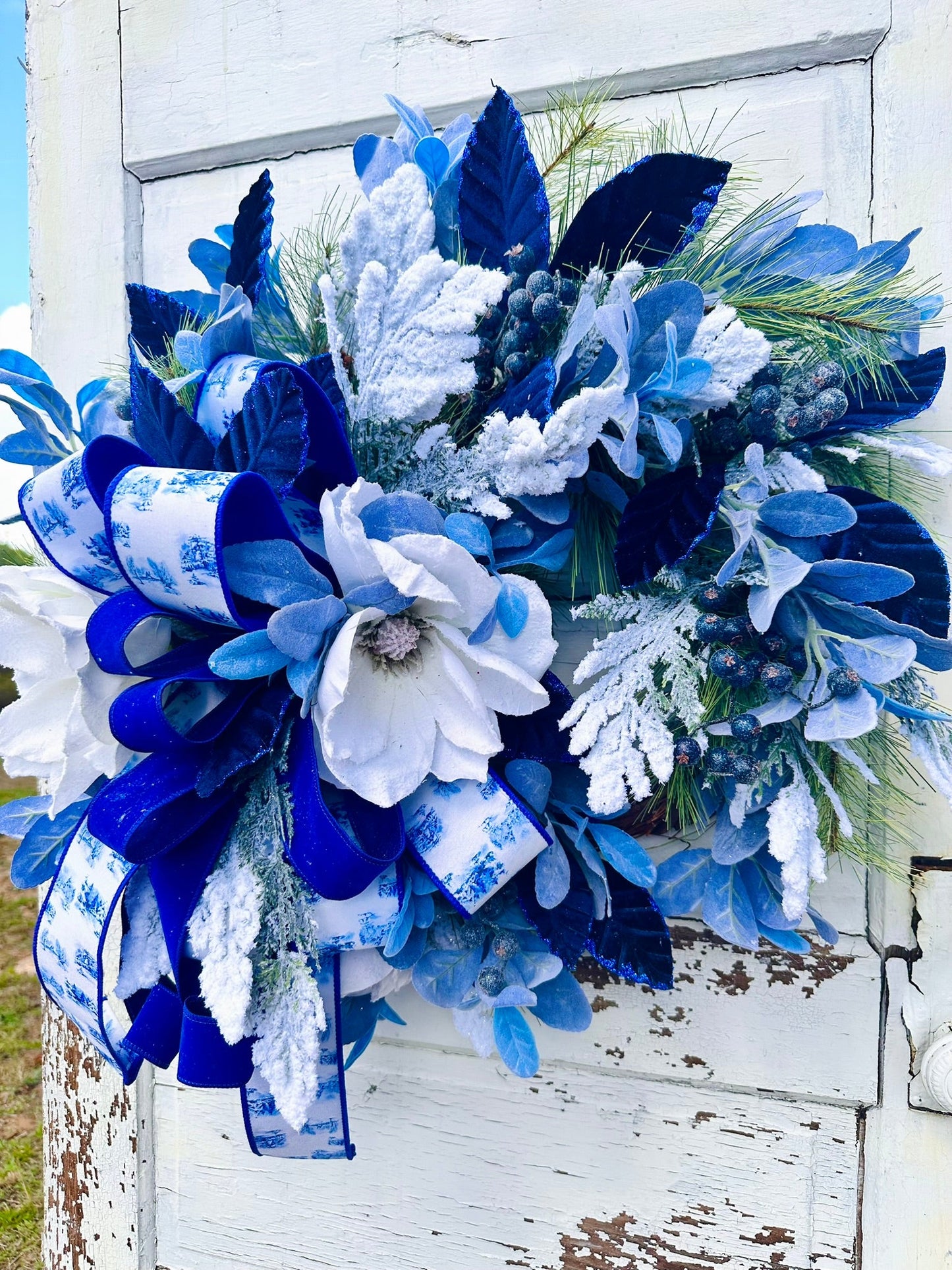 Blue Winter Magnolia Wreath – Hanukkah Wreath with White Magnolias, Blue Velvet & Farrisilk Ribbon TCT Crafts