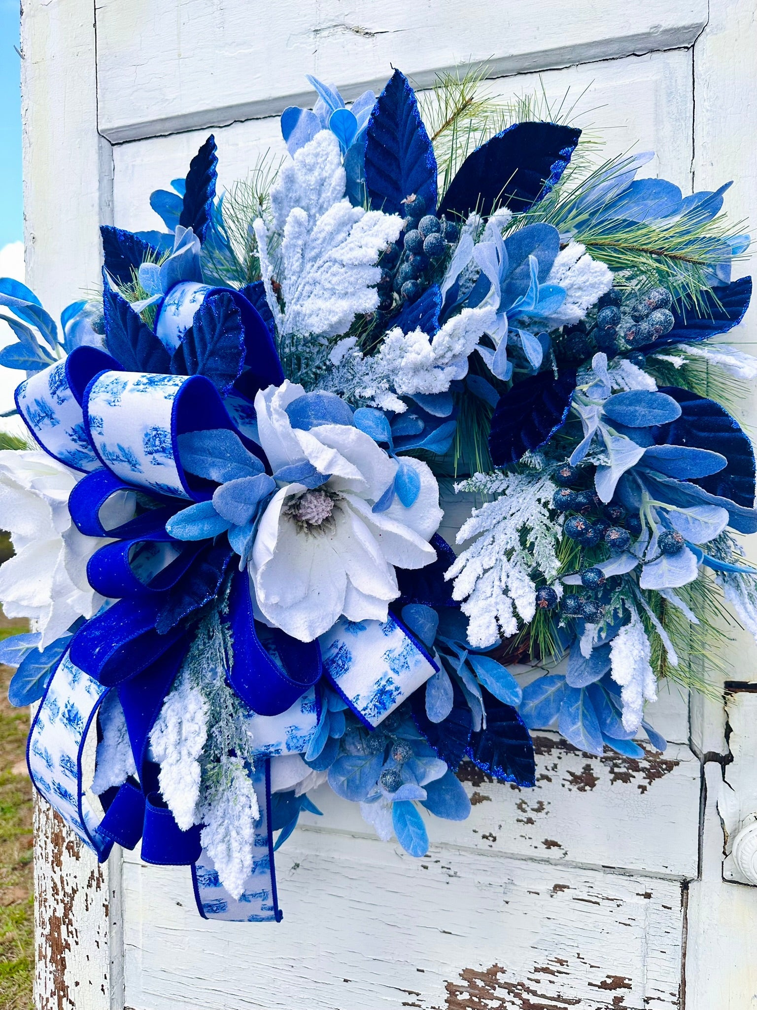 Blue Winter Magnolia Wreath – Hanukkah Wreath with White Magnolias, Blue Velvet & Farrisilk Ribbon TCT Crafts