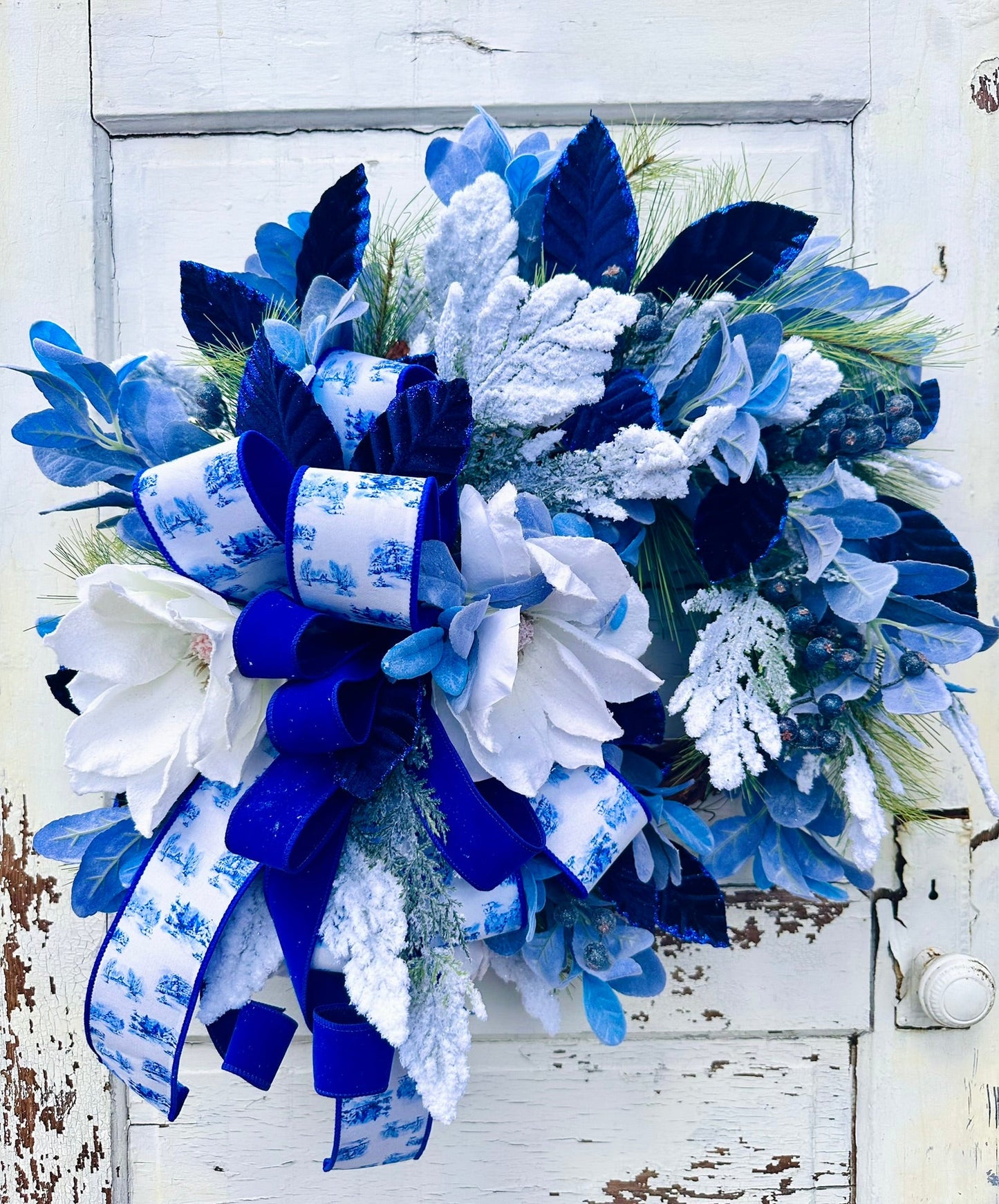Blue Winter Magnolia Wreath – Hanukkah Wreath with White Magnolias, Blue Velvet & Farrisilk Ribbon TCT Crafts