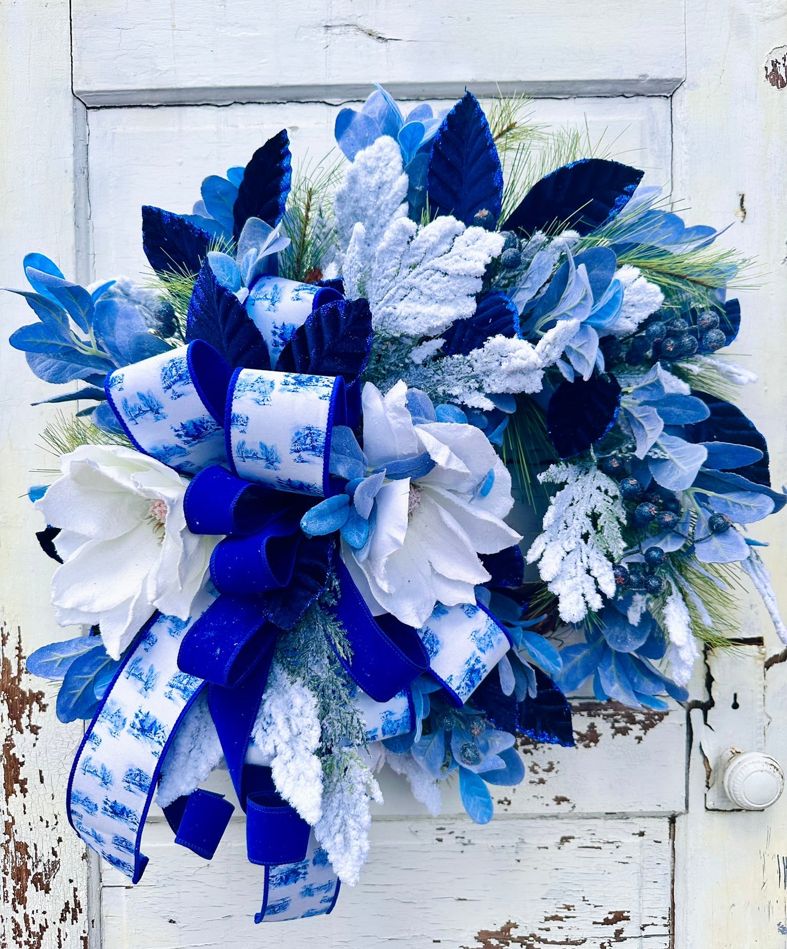 Blue Winter Magnolia Wreath – Hanukkah Wreath with White Magnolias, Blue Velvet & Farrisilk Ribbon TCT Crafts