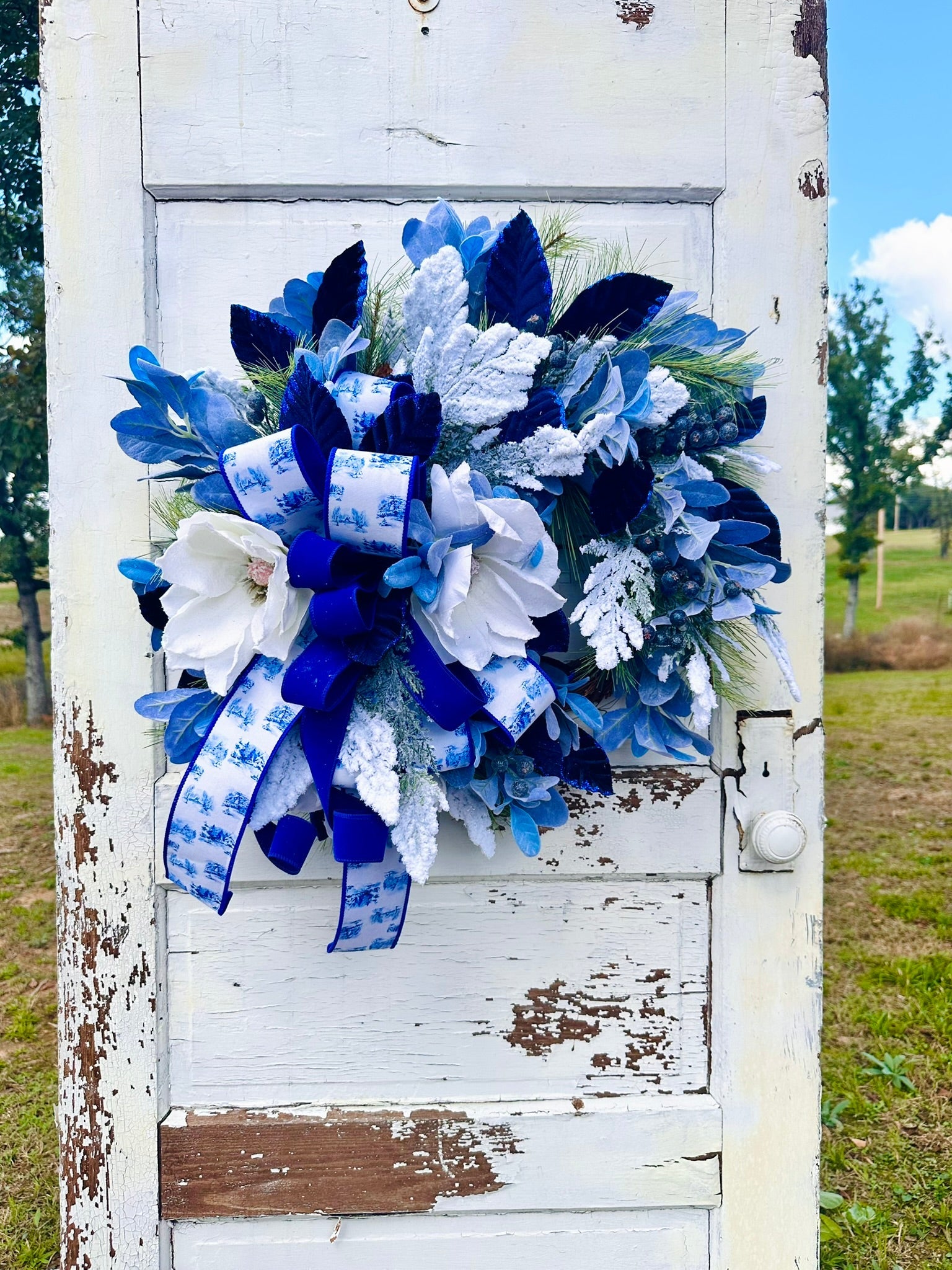 Blue Winter Magnolia Wreath – Hanukkah Wreath with White Magnolias, Blue Velvet & Farrisilk Ribbon TCT Crafts