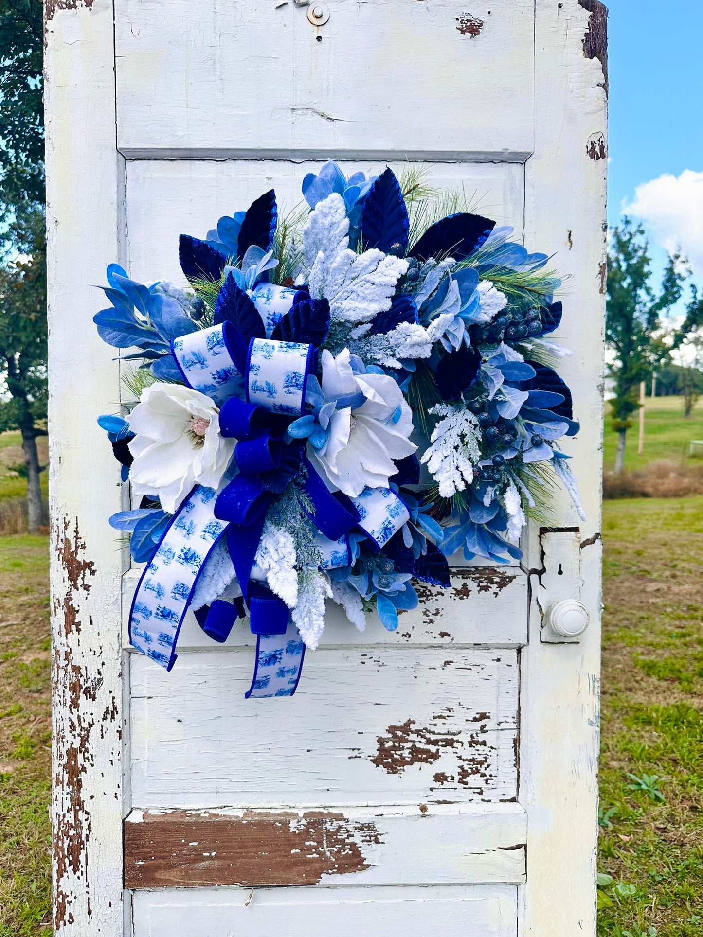 Blue Winter Magnolia Wreath – Hanukkah Wreath with White Magnolias, Blue Velvet & Farrisilk Ribbon TCT Crafts