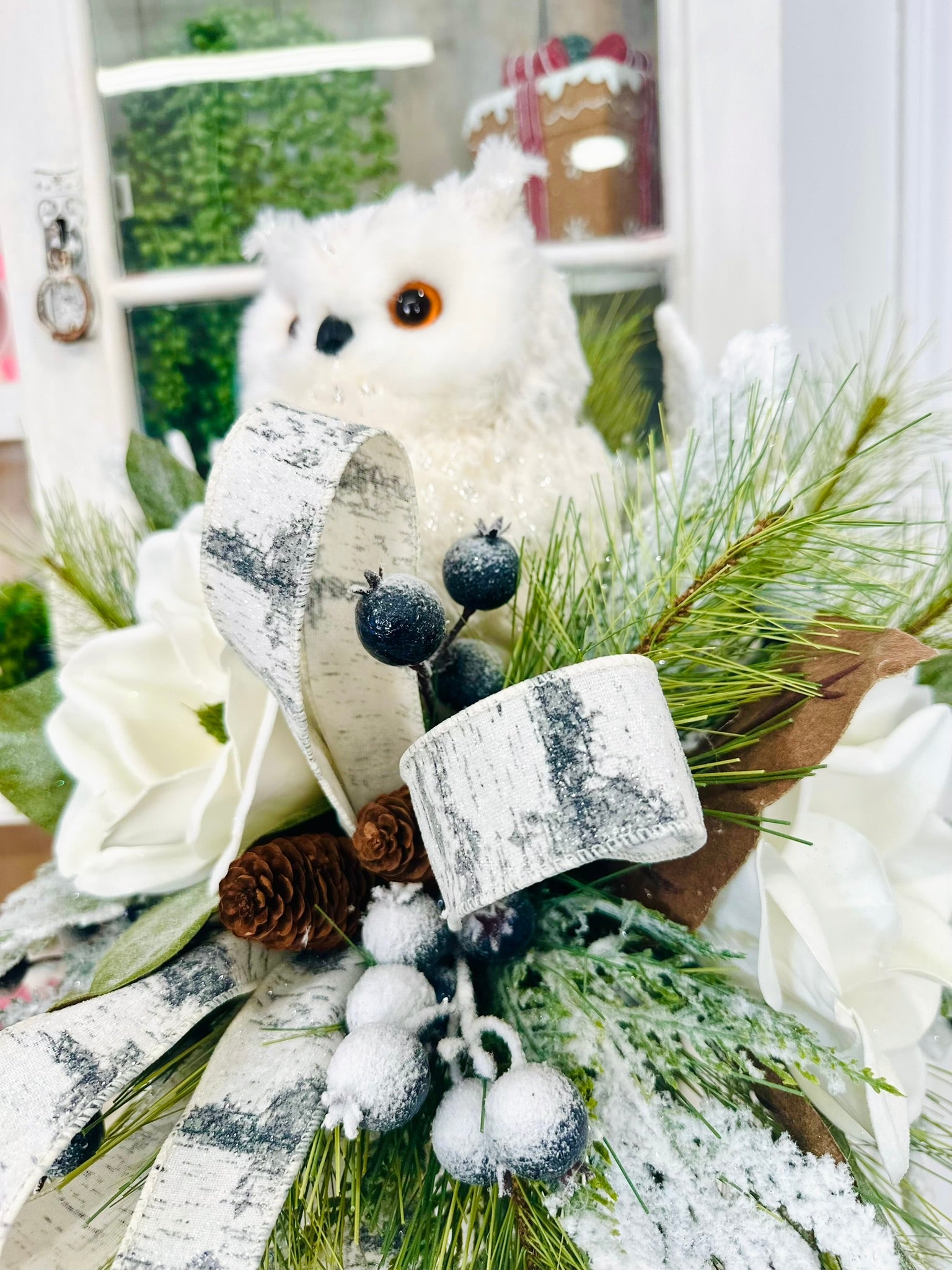 Winter Snow Owl Magnolia Candlestick Arrangement – Frosted Pine & Birch Ribbon Centerpiece | 26"x18" TCT Crafts