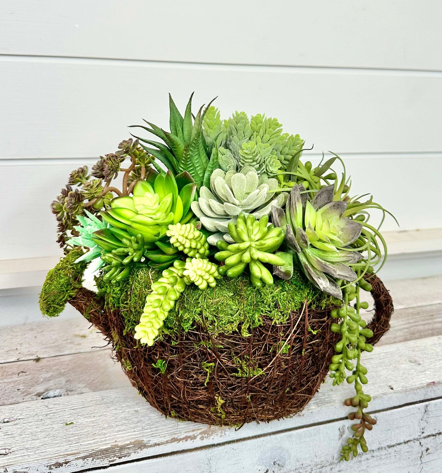 Faux Succulent Arrangement in Grapevine/Moss Watering Can Planter | 12x12 Inches | Indoor Greenery Decor for Home or Office I TCT Crafts